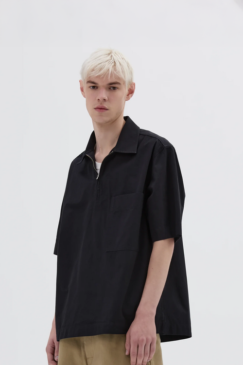 SPORTIVO STORE_Half Zip Pull On Shirt Textured Cotton Black