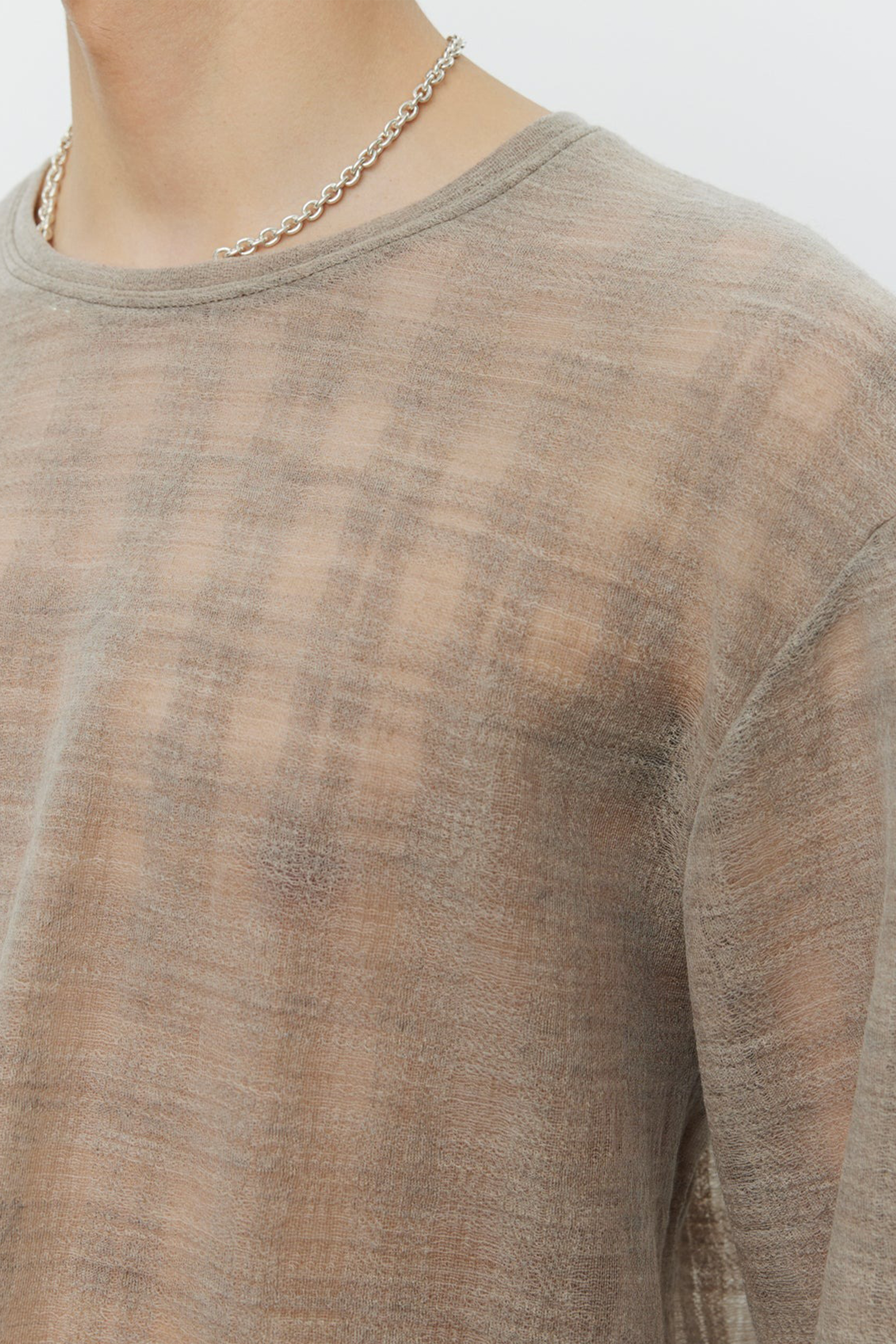Round Neck Sweater Beige Gauze Check