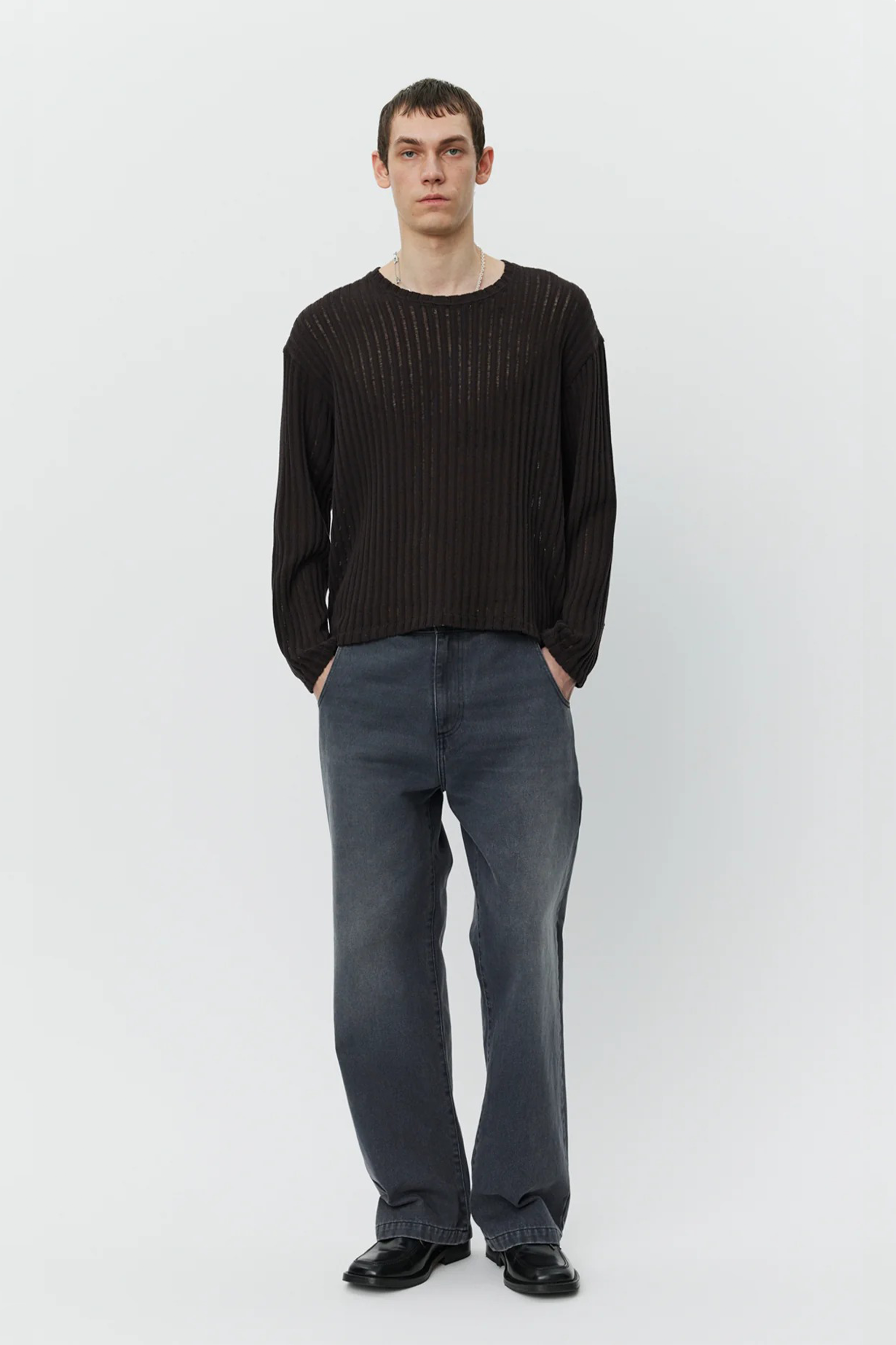 Round Neck Sweater Dark Brown Ajour Stripe