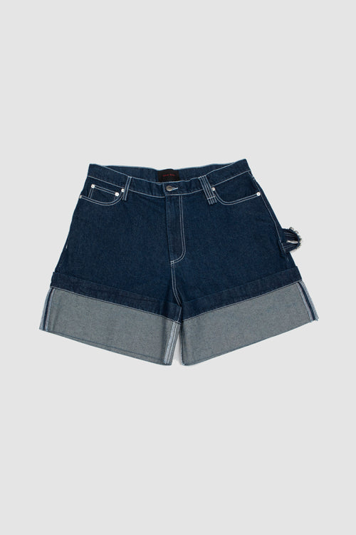 SPORTIVO STORE_Embellished Wide Leg Puddle Denim Shorts Indigo/ Clear