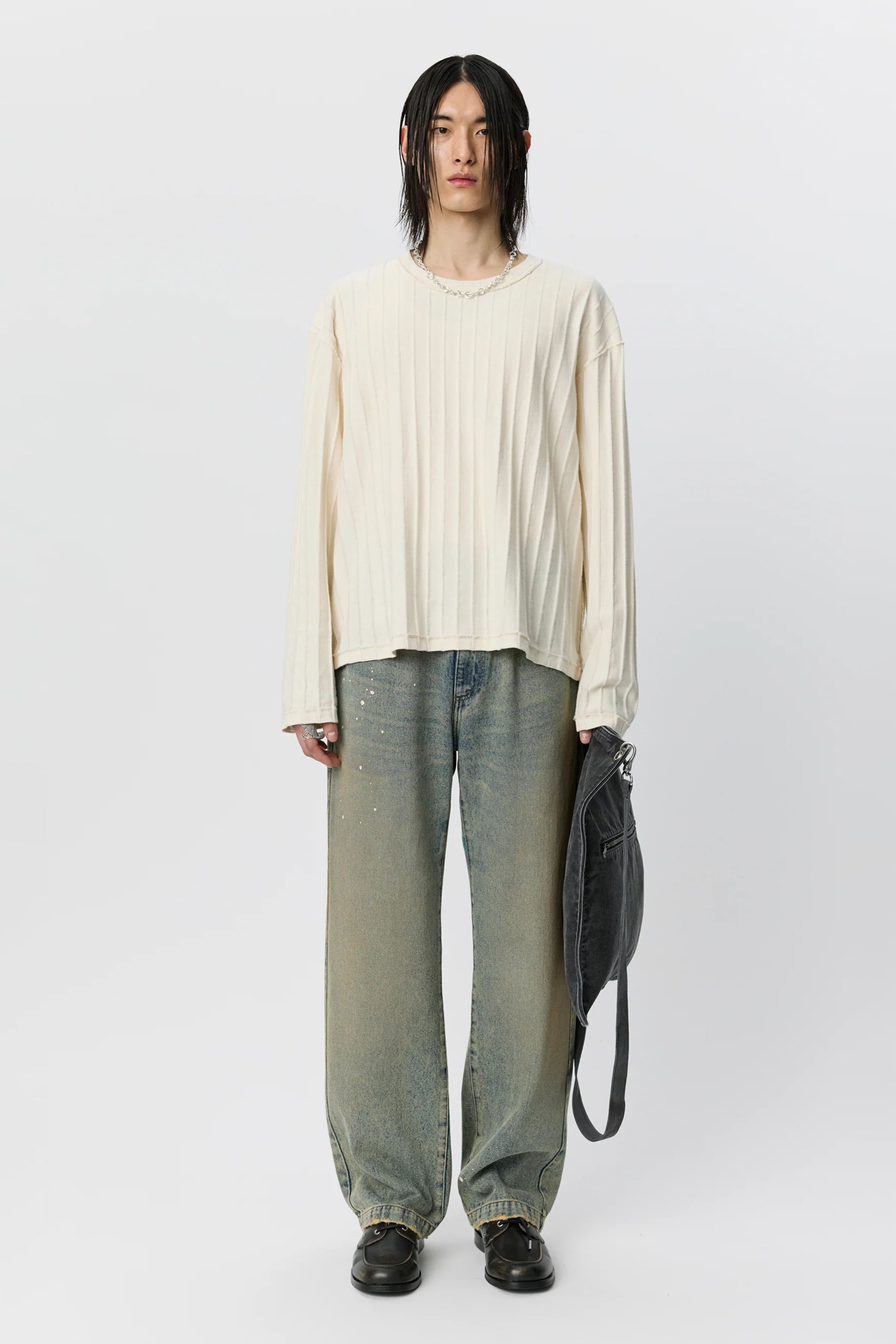Round Neck Sweater Ecru Inverted Ajour Stripe