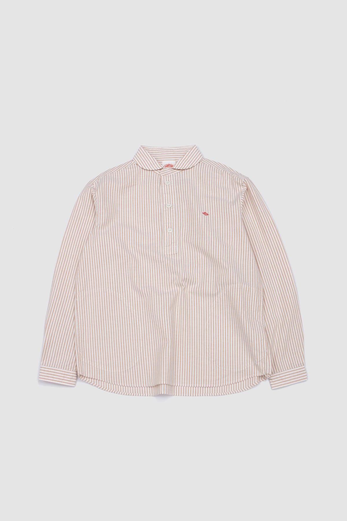 Round Collar Shirt Plaid Oxford Beige/ White Stripe