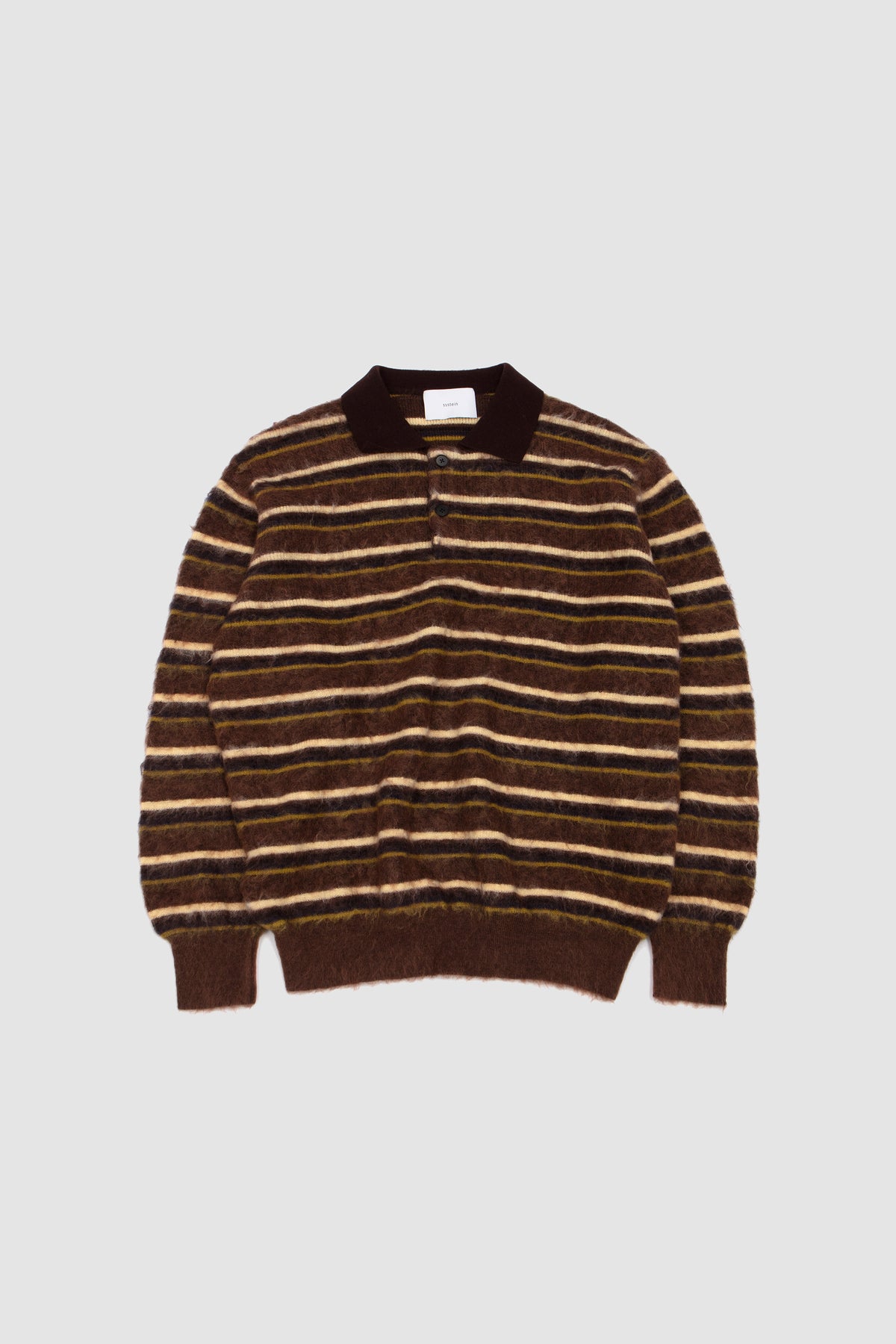Kid Mohair Ribbed Knit Polo LS Brown Multi