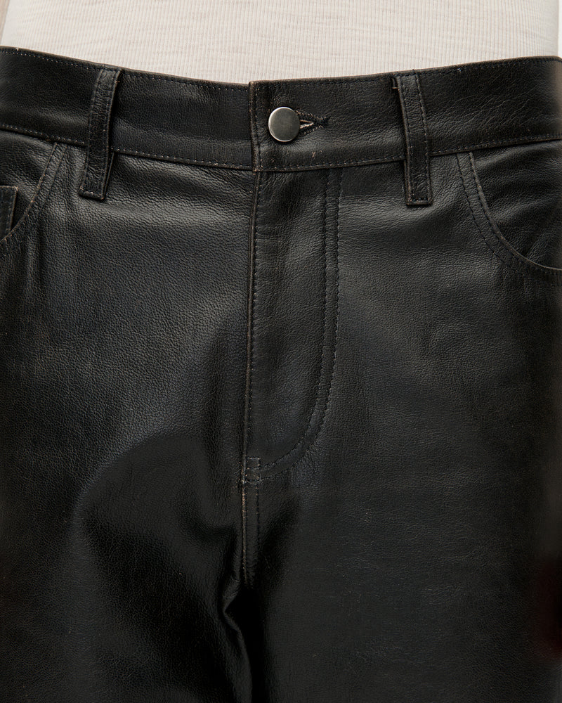5 Pocket Distress Leather Trousers Black_4