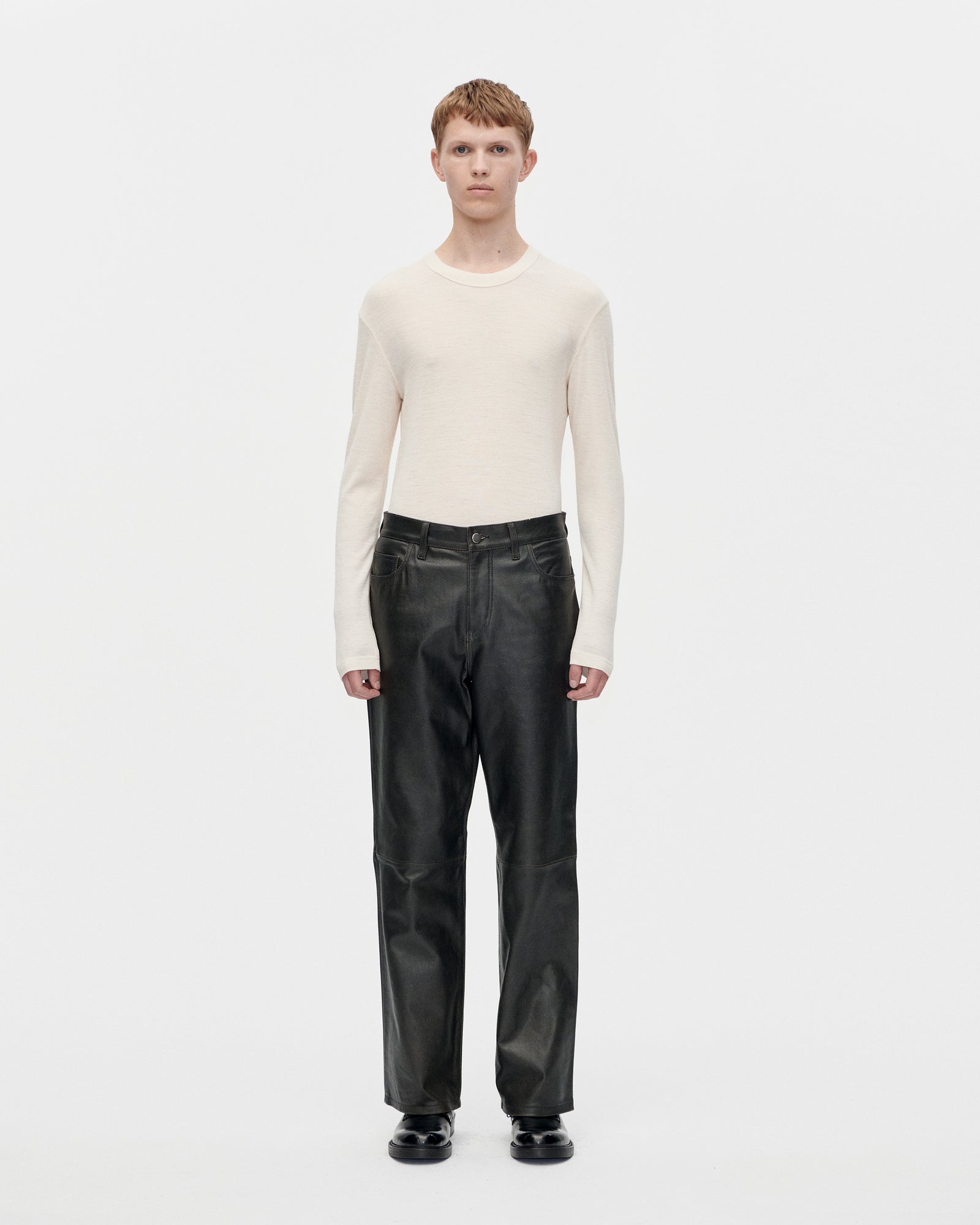 5 Pocket Distress Leather Trousers Black