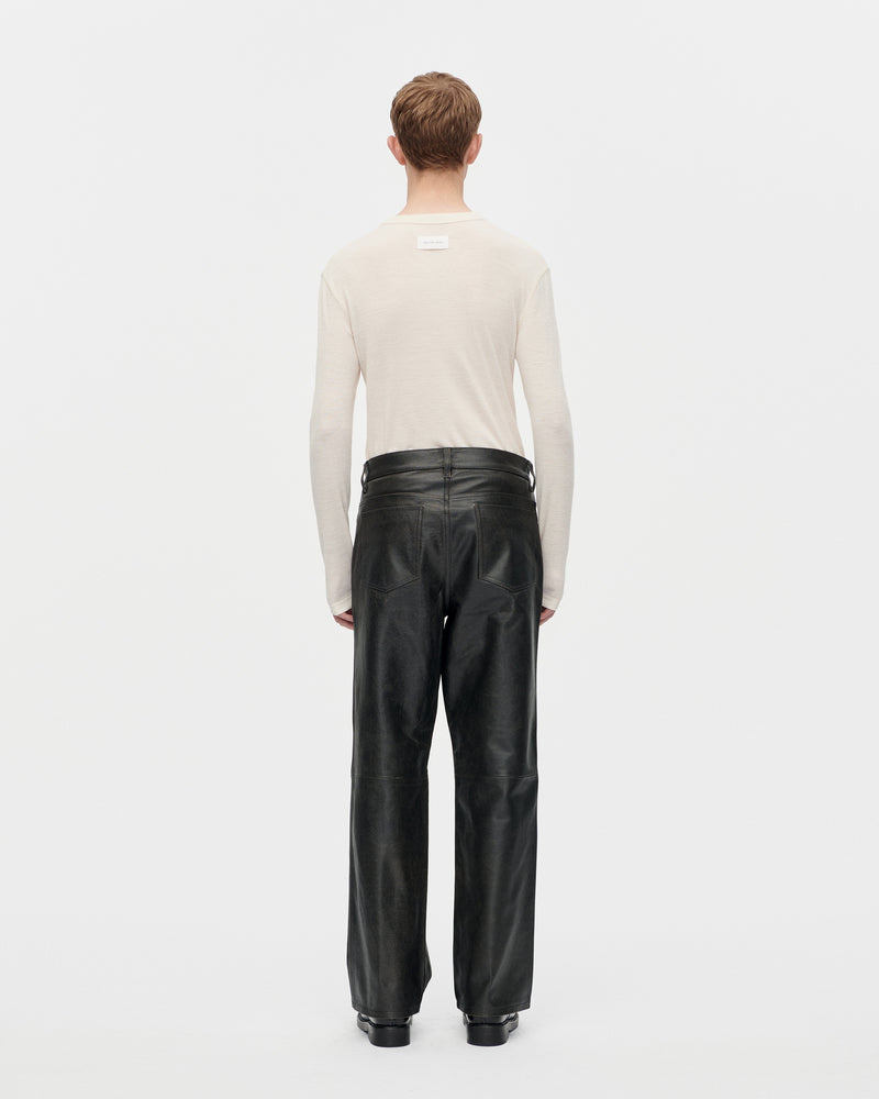 5 Pocket Distress Leather Trousers Black