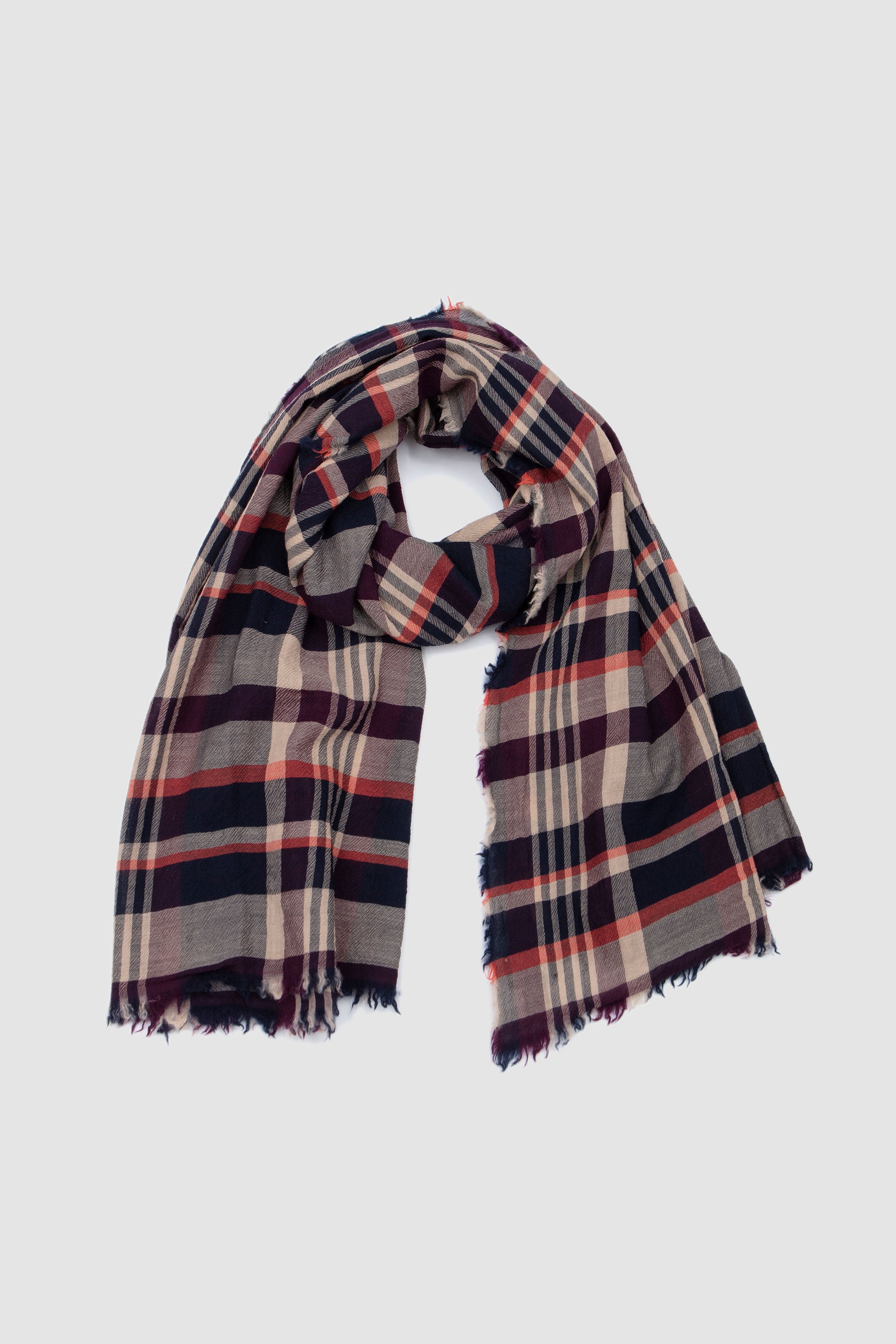 Check Worsted Scarf Navy/ Wine_1