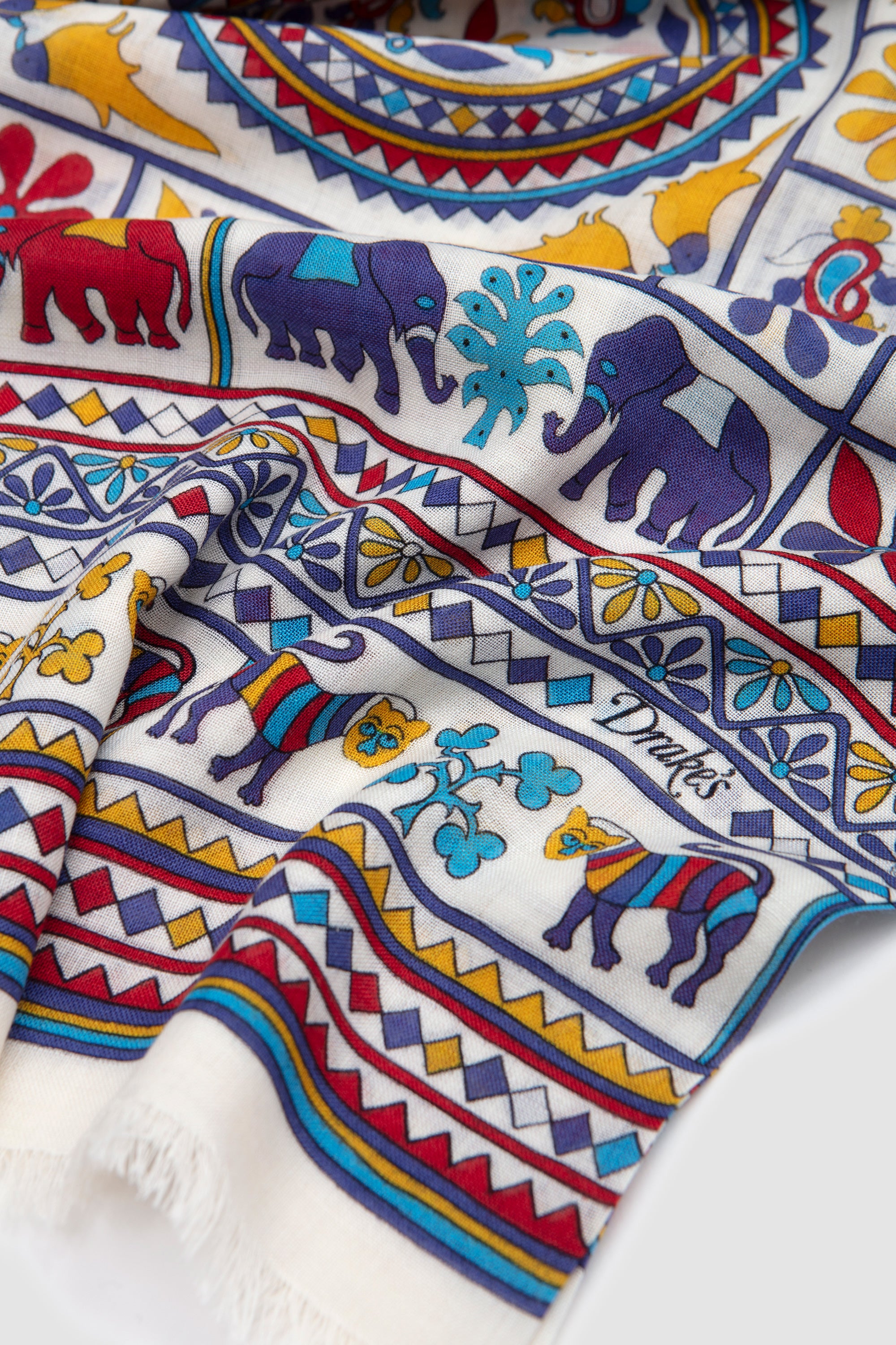 Elephants and Flowers Print Scarf Ecru