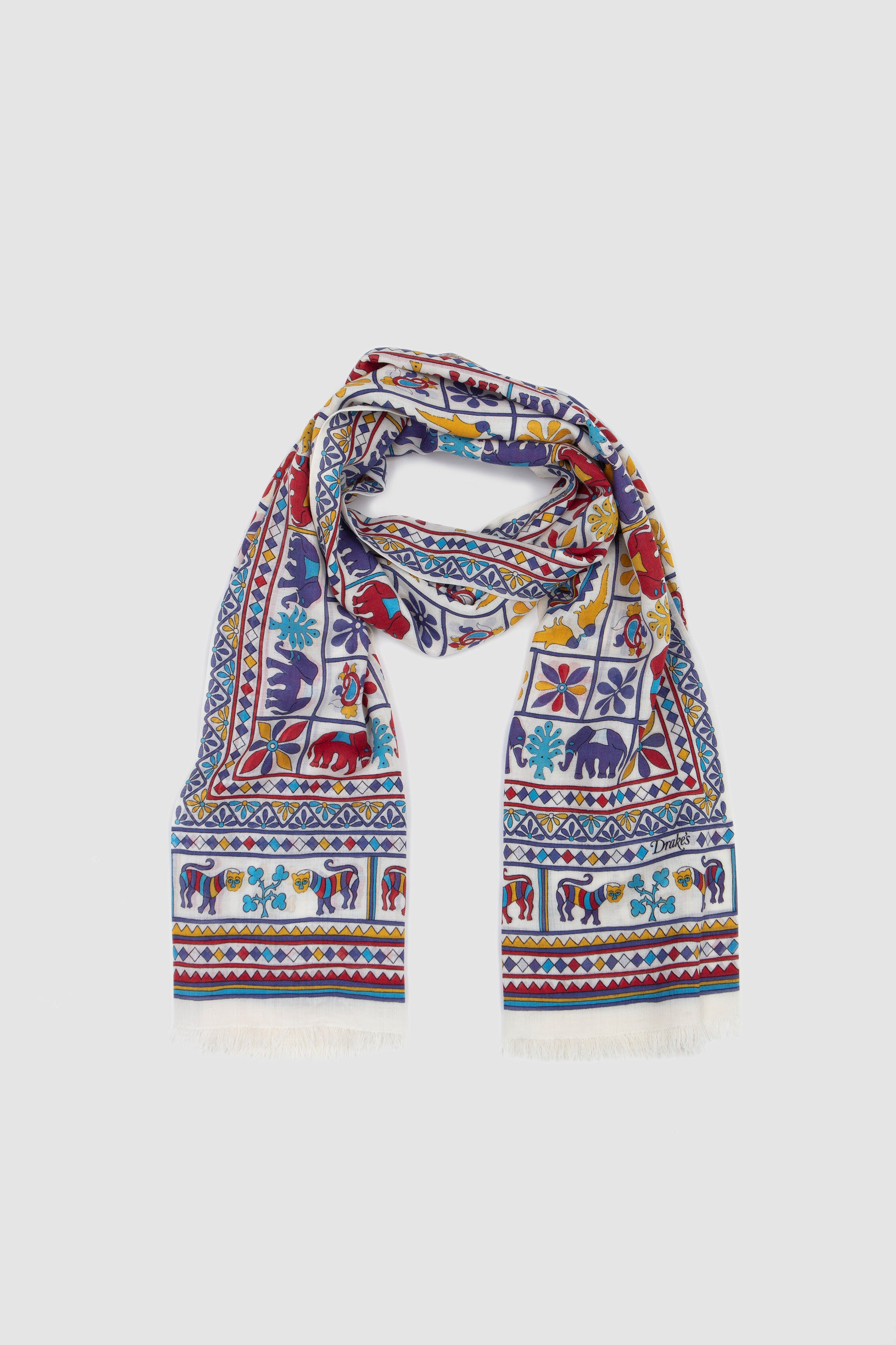 Elephants and Flowers Print Scarf Ecru