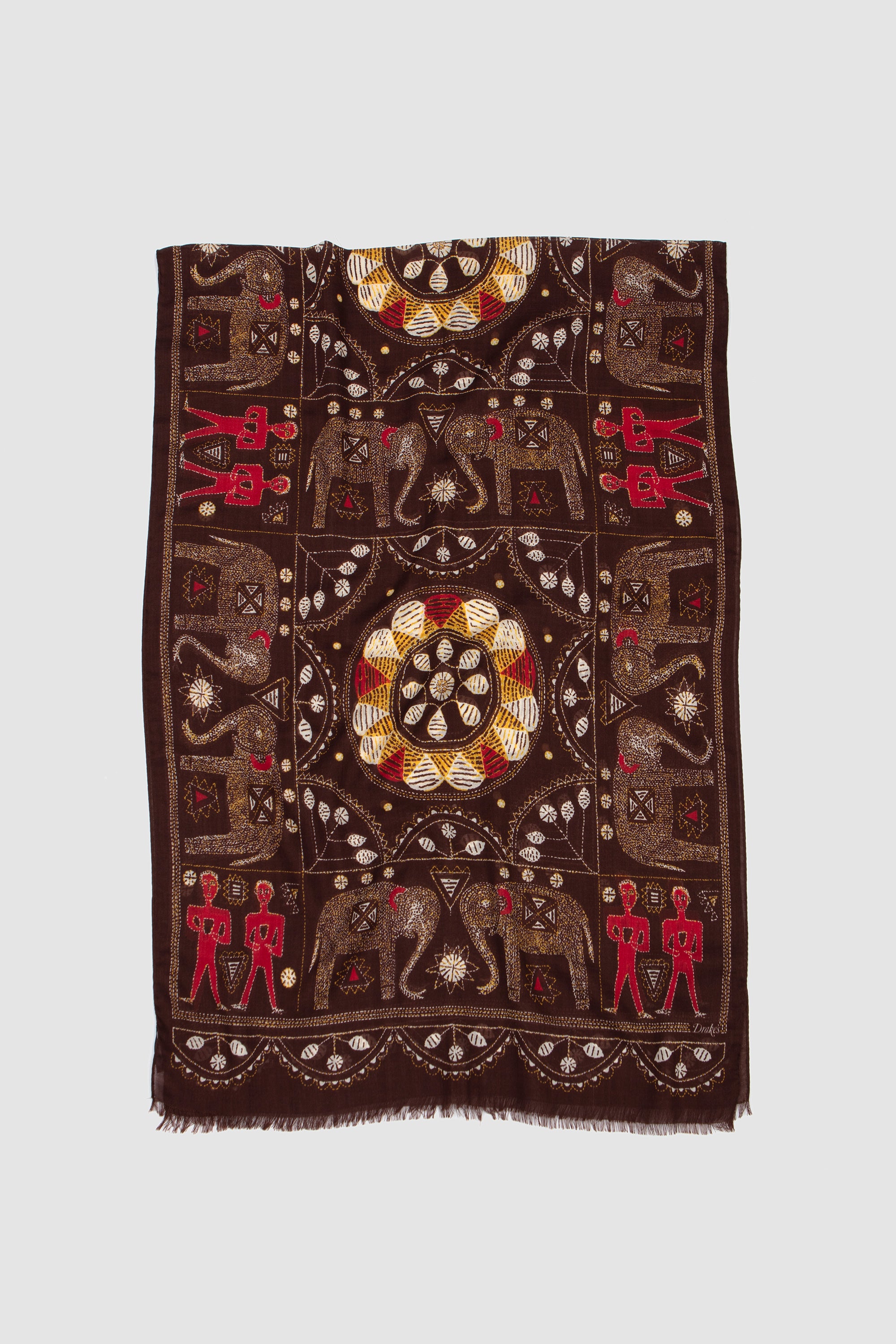 Embroidered Elephant Print Scarf Brown_1