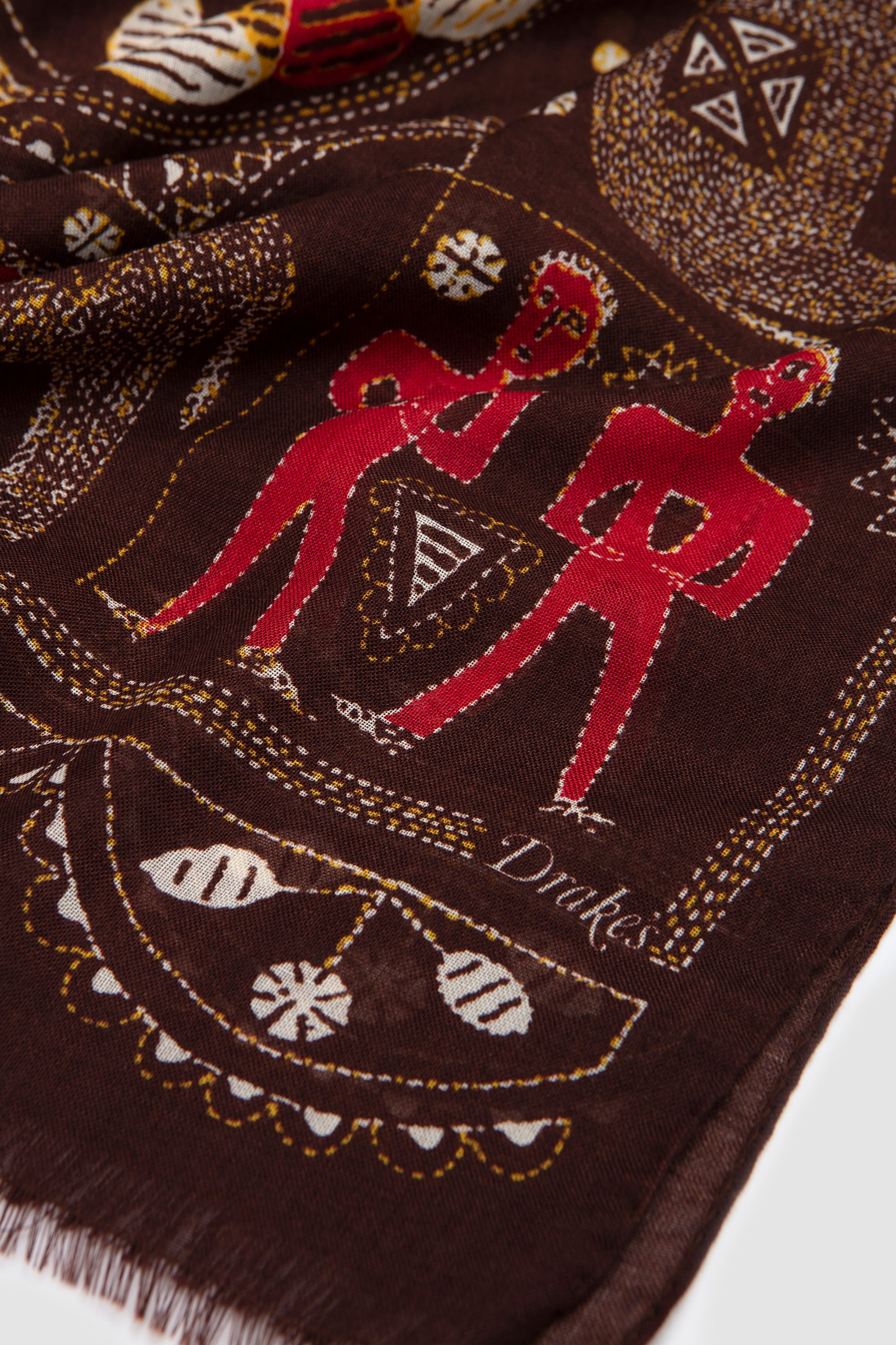 Embroidered Elephant Print Scarf Brown