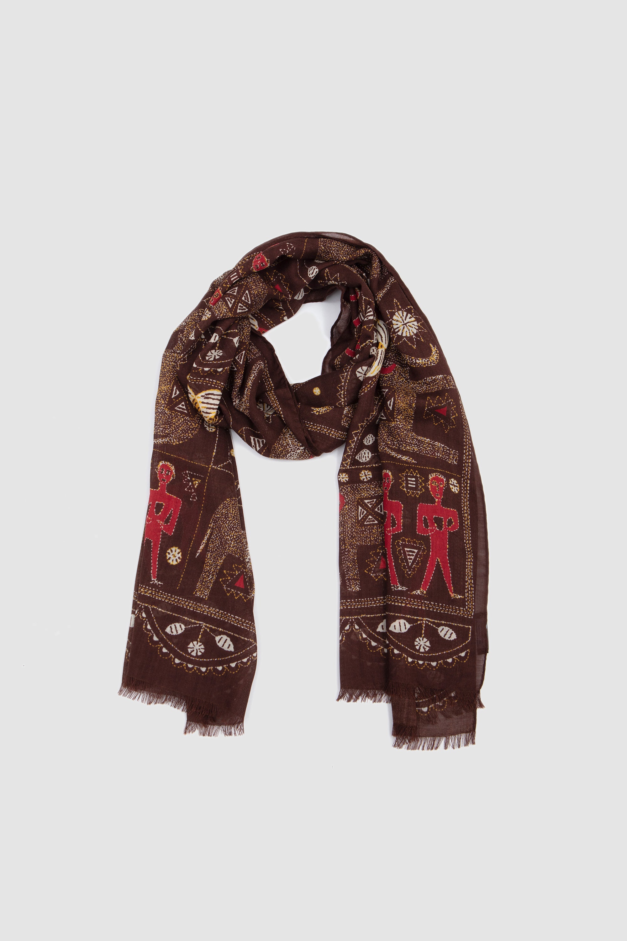 Embroidered Elephant Print Scarf Brown