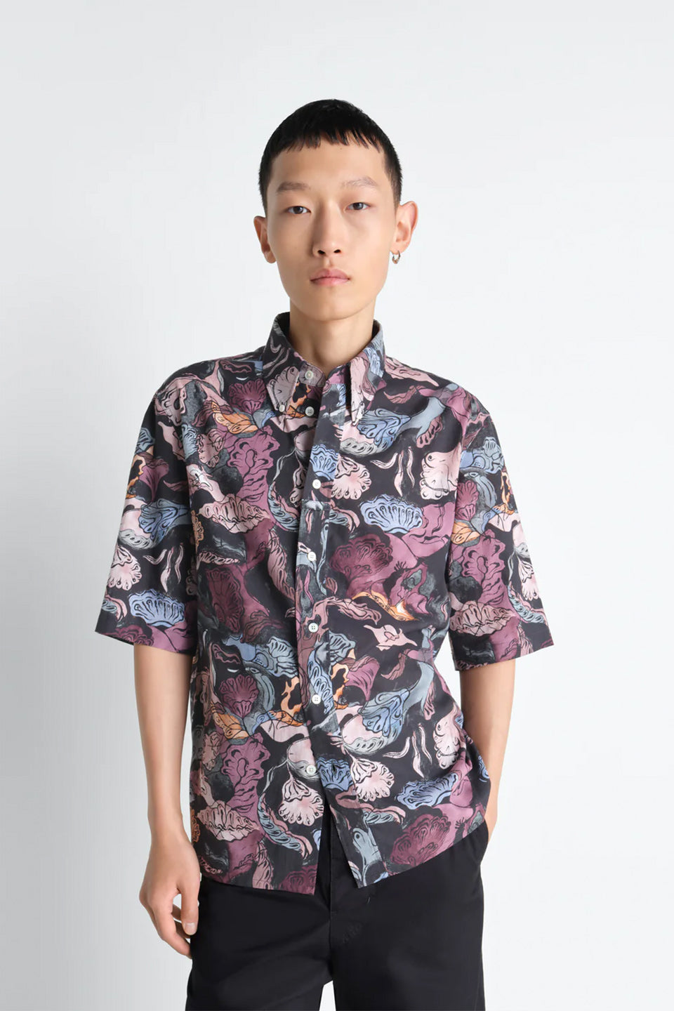 Short Sleeve Shirt Floral Black/ Plum