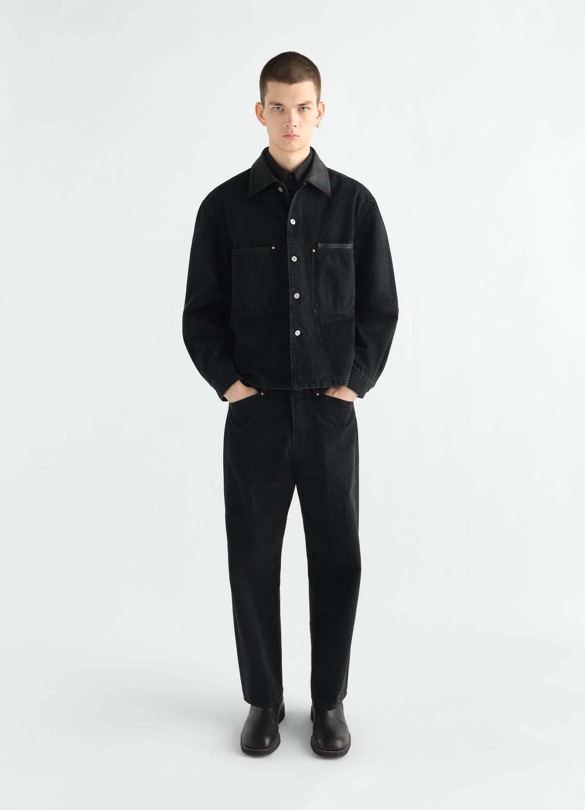 Workwear Overshirt With Leather Collar Black_2