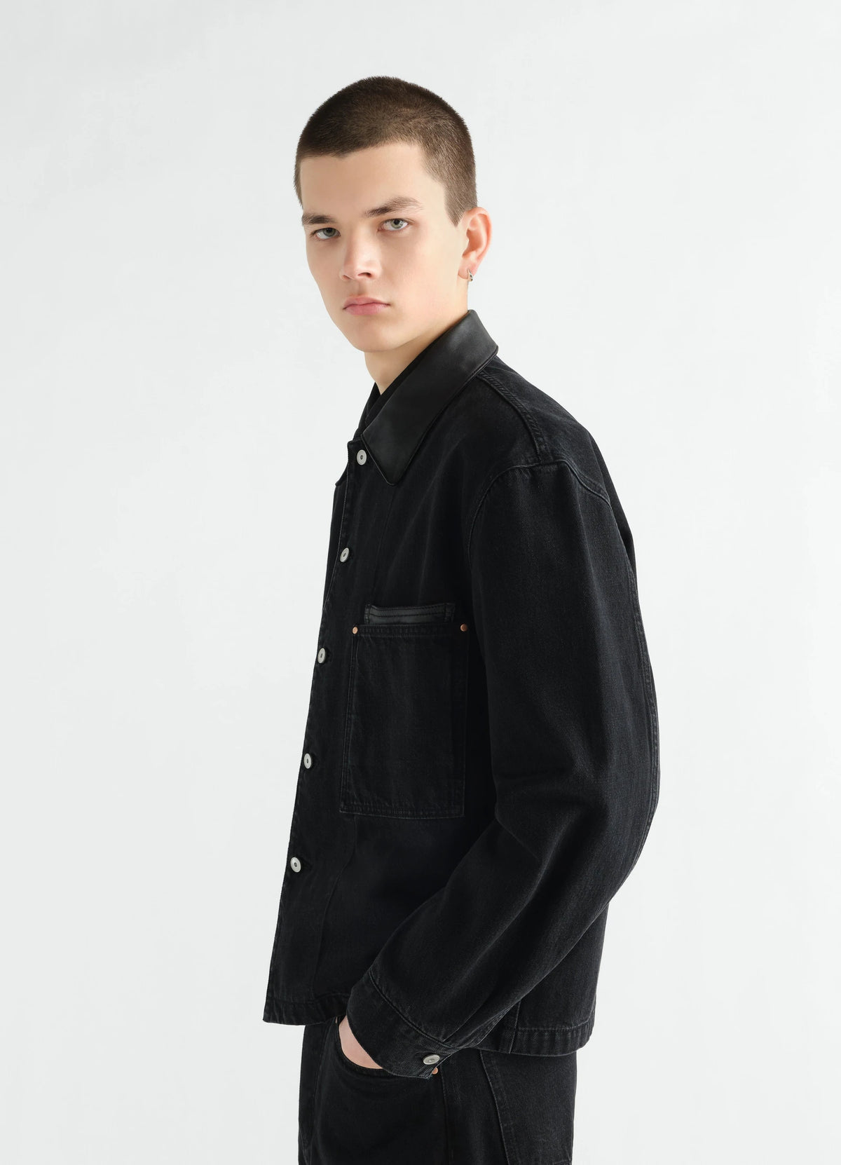 Workwear Overshirt With Leather Collar Black_3