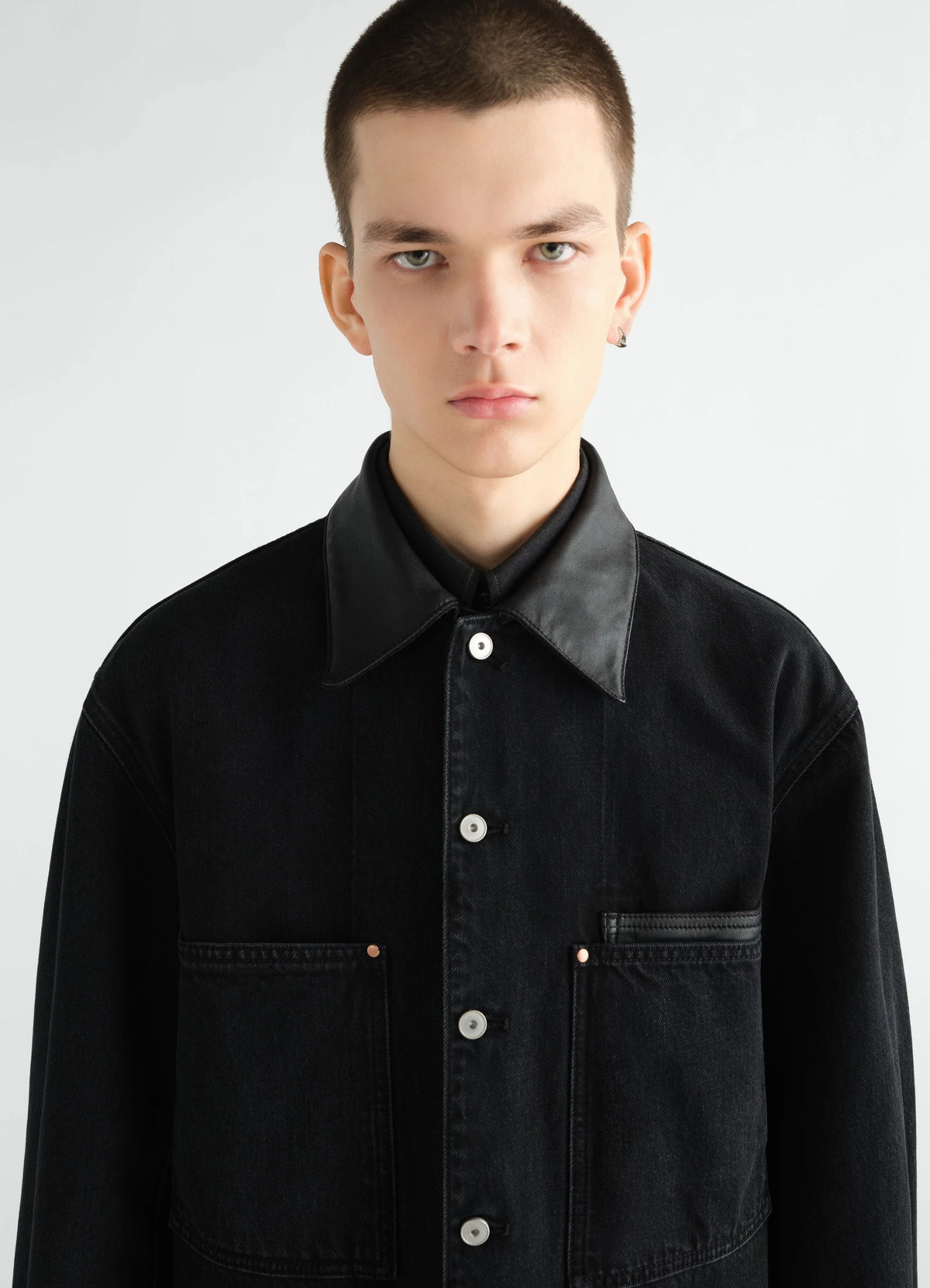 Workwear Overshirt With Leather Collar Black_4