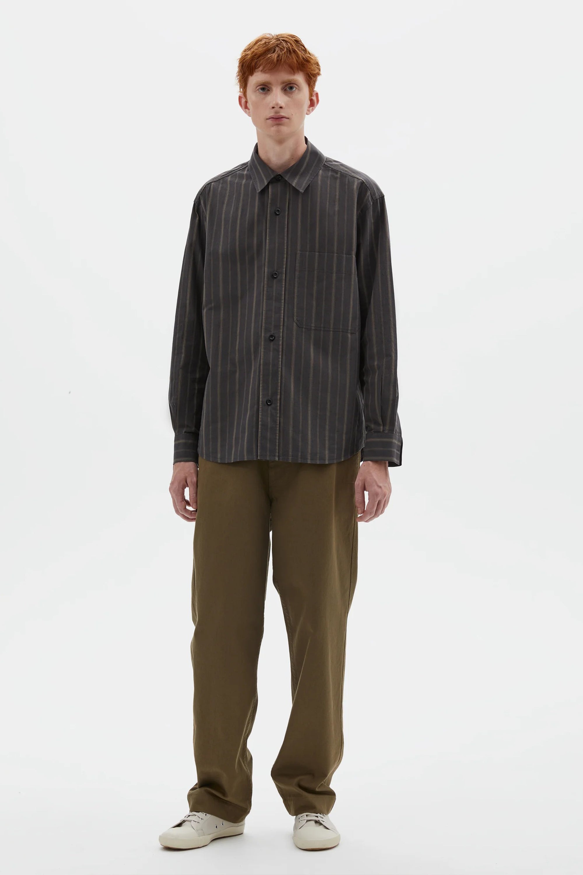 Basic Shirt Bold Stripe Cotton Off Black/ Khaki