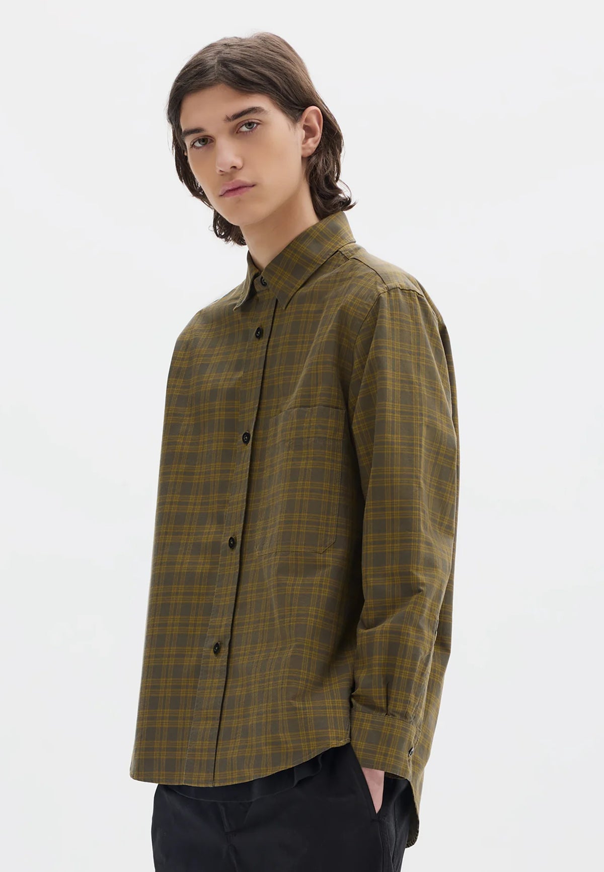 Basic Shirt Tonal Cotton Check Khaki/ Cumin
