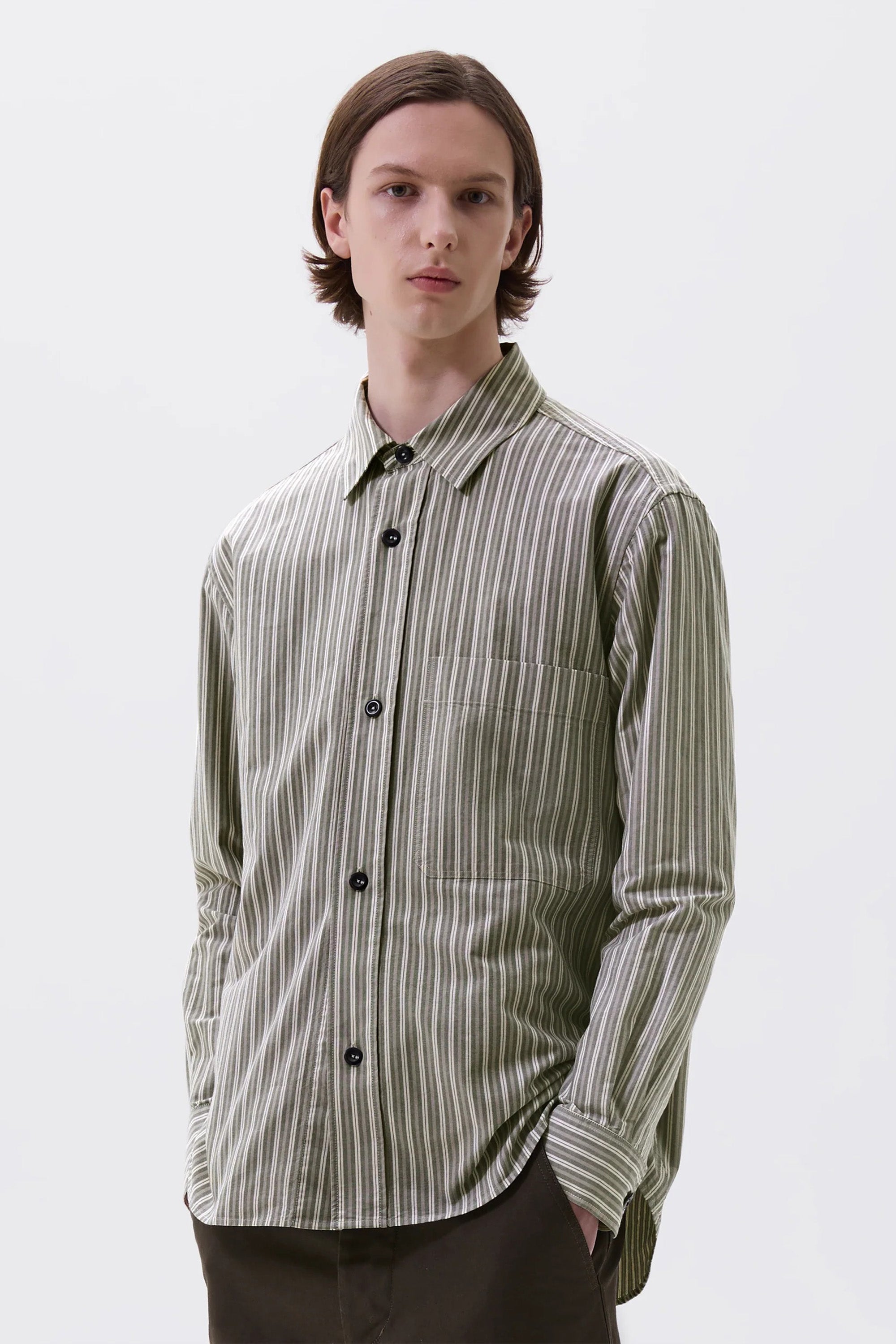 Basic Shirt Two Tone Cotton Stripe Forest/ Grey/ Off White_1