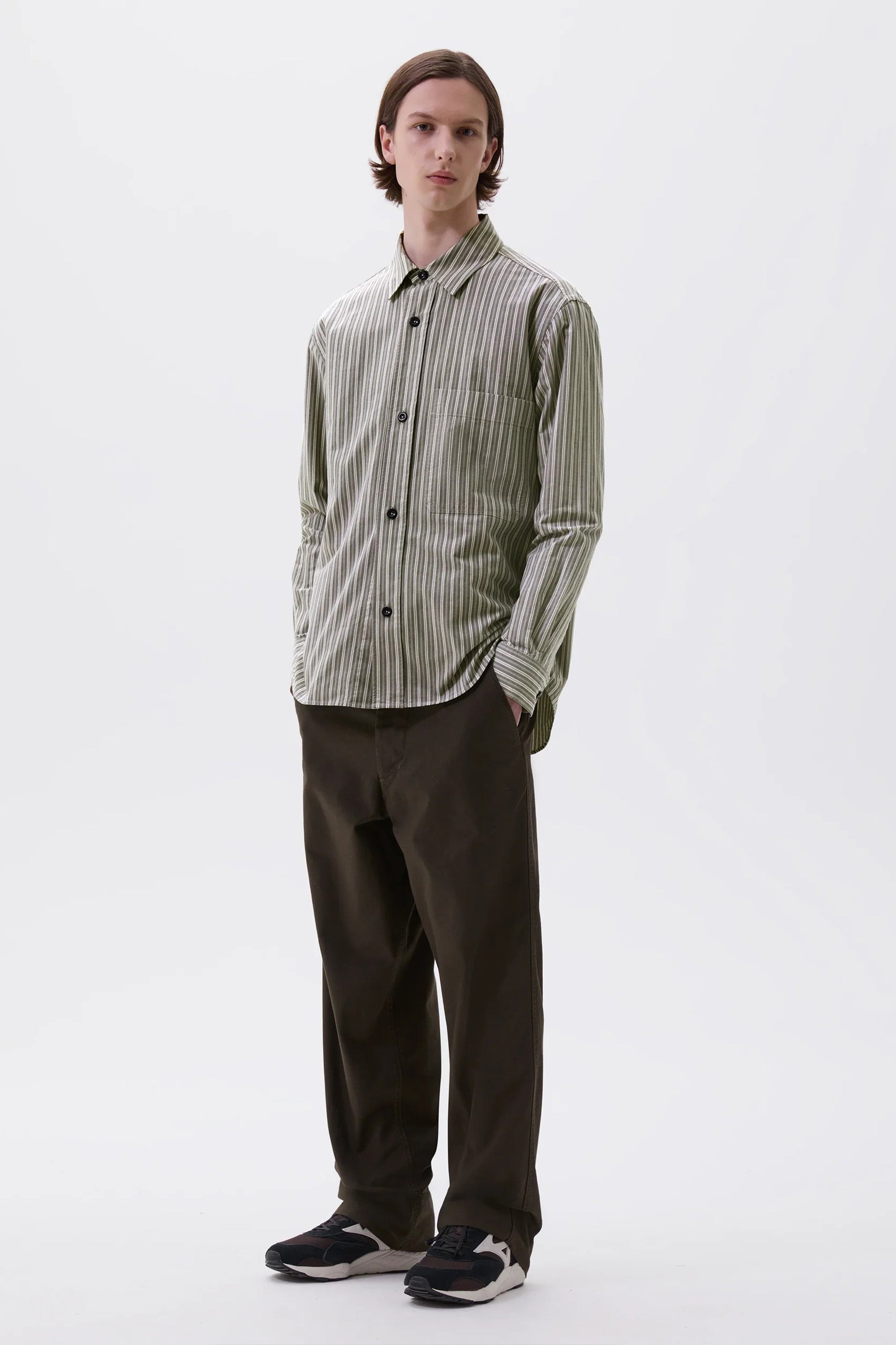 Basic Shirt Two Tone Cotton Stripe Forest/ Grey/ Off White