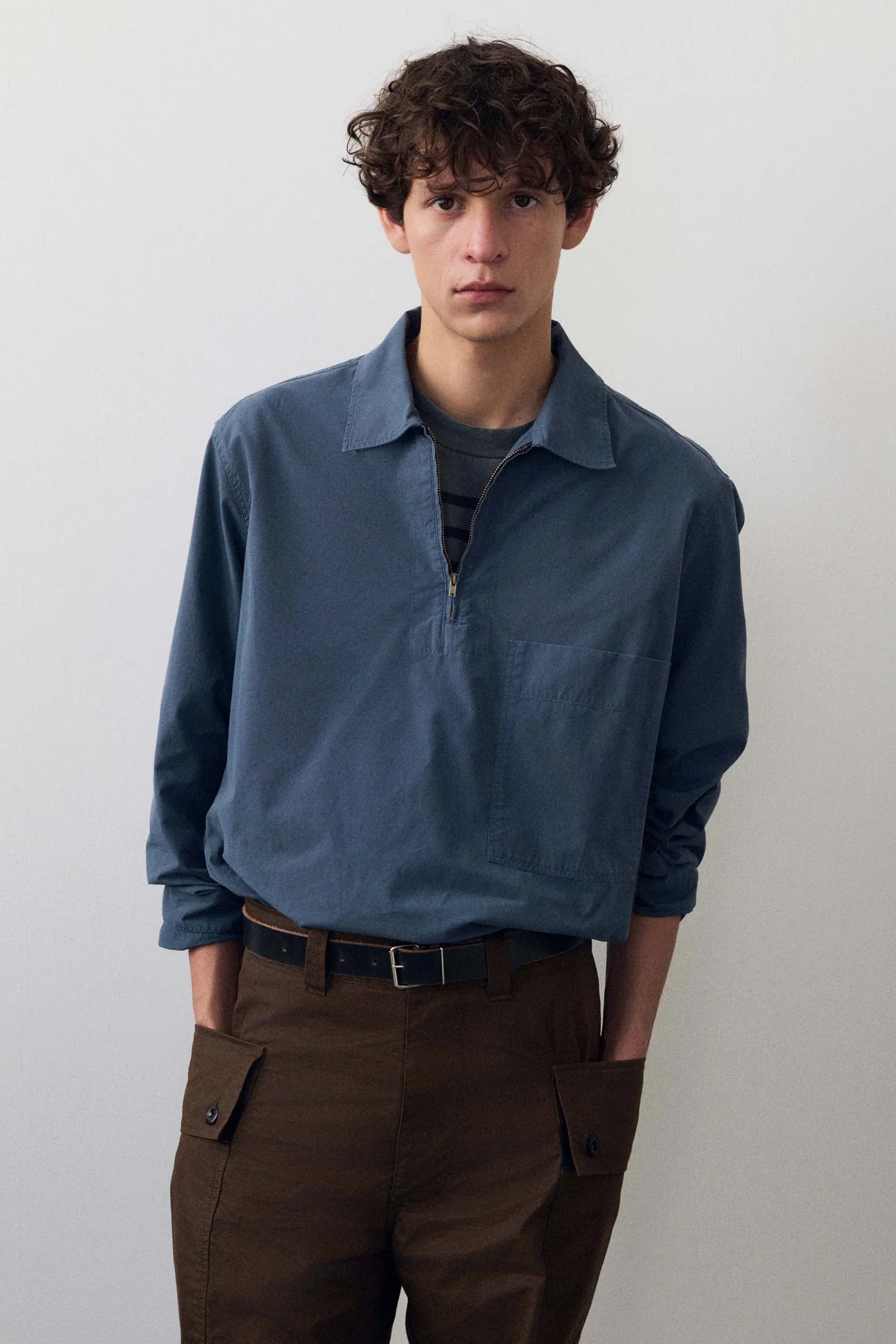 Long Sleeve Half Zip Pull On Shirt Sanded Cotton Poplin Uniform Blue_1