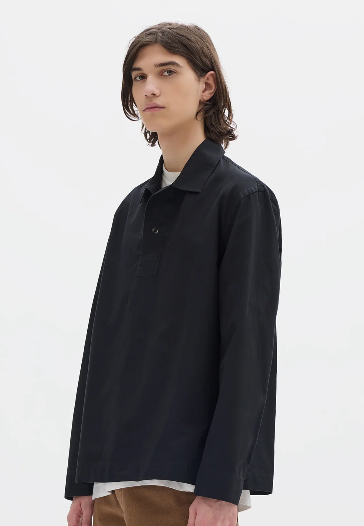 LS Offset Placket Polo Denim Plainweave Black