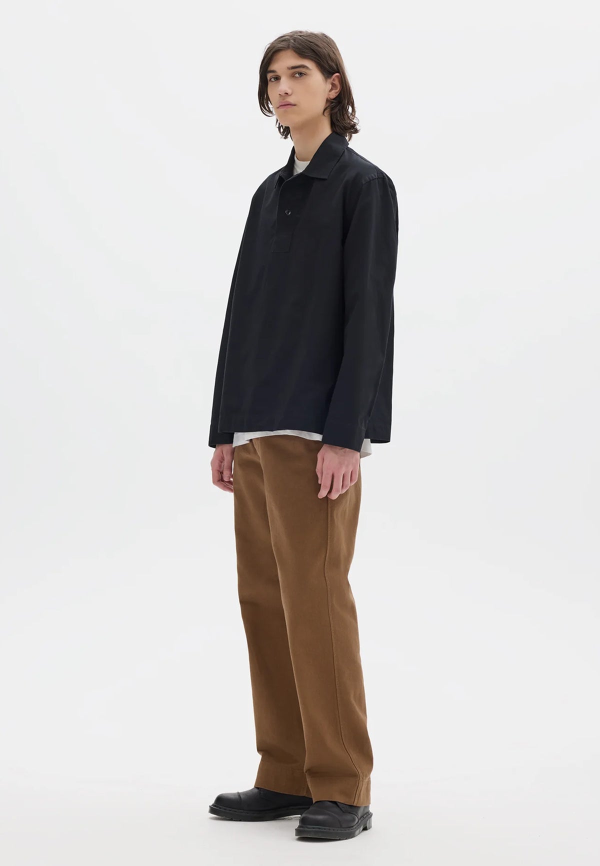 LS Offset Placket Polo Denim Plainweave Black_2