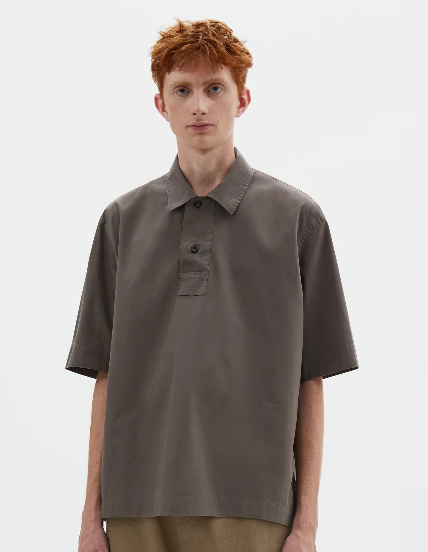 Offset Placket Polo Washed Cotton Poplin Mole_1
