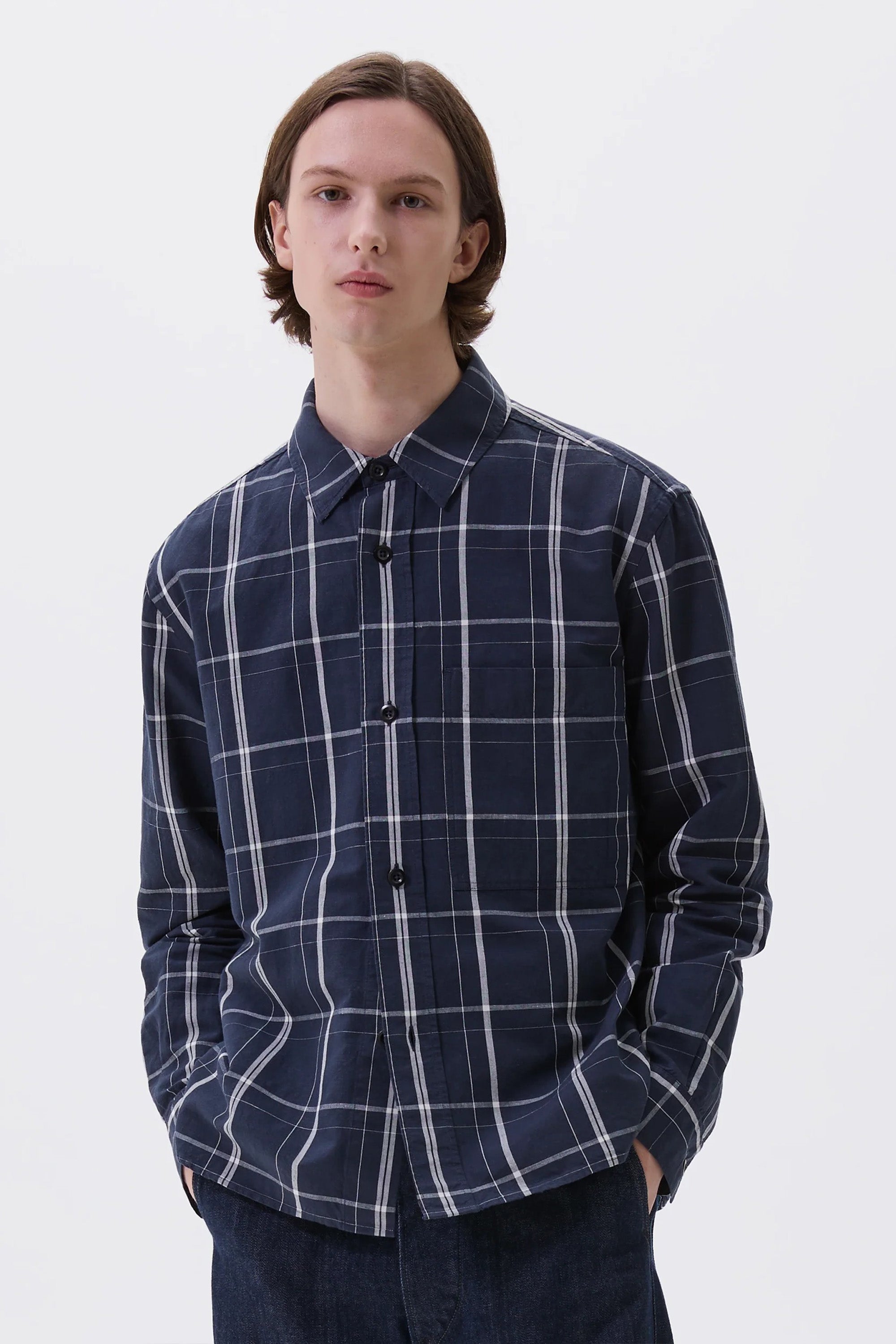 Overall Shirt Graphic Grid Check Cotton Slate Blue/ Off White
