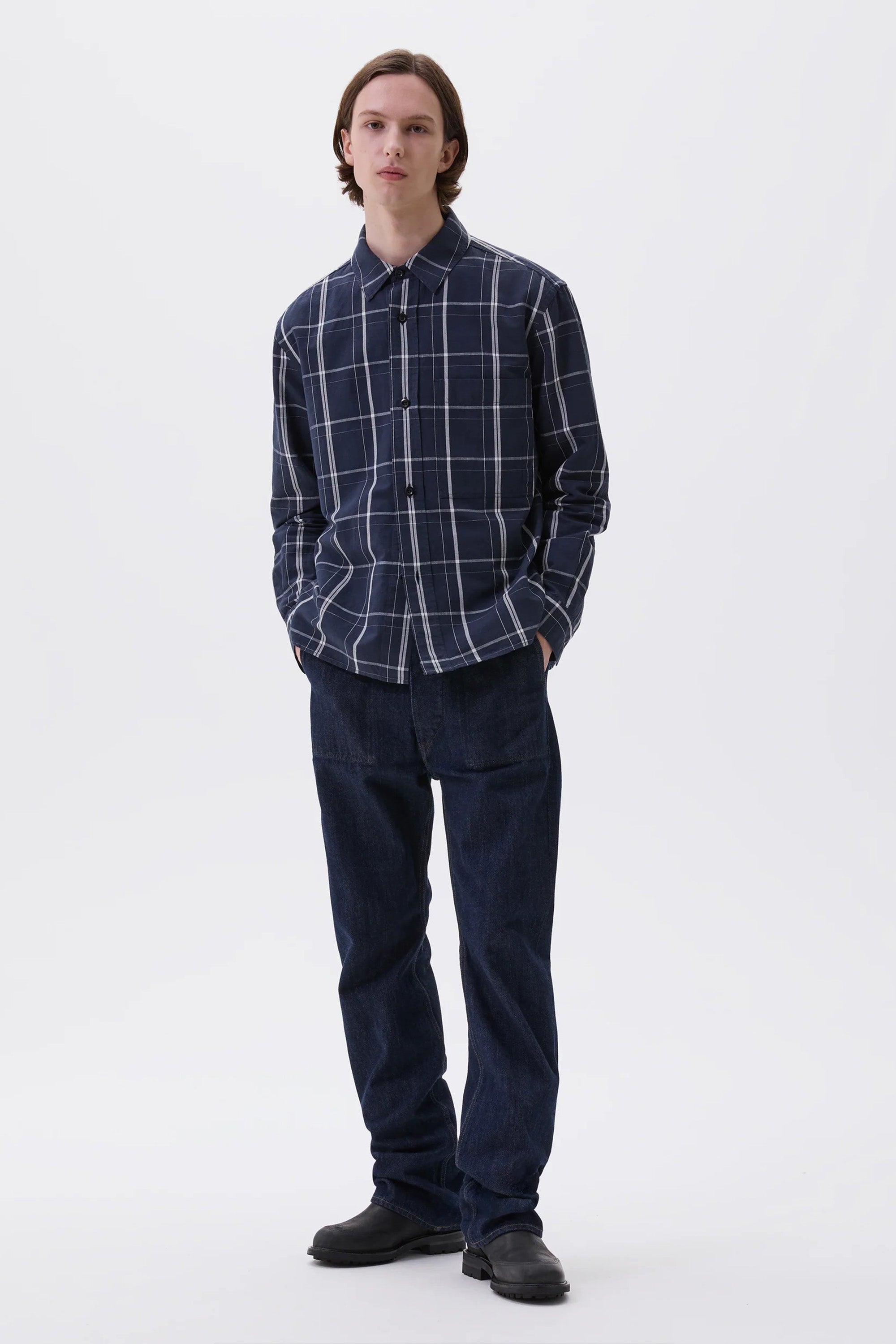 2023 美品 MHL GRID CHECK COTTON プルオーバーシャツ SPORTIVO [Overall shirt graphic grid check cotton slate blue/ off