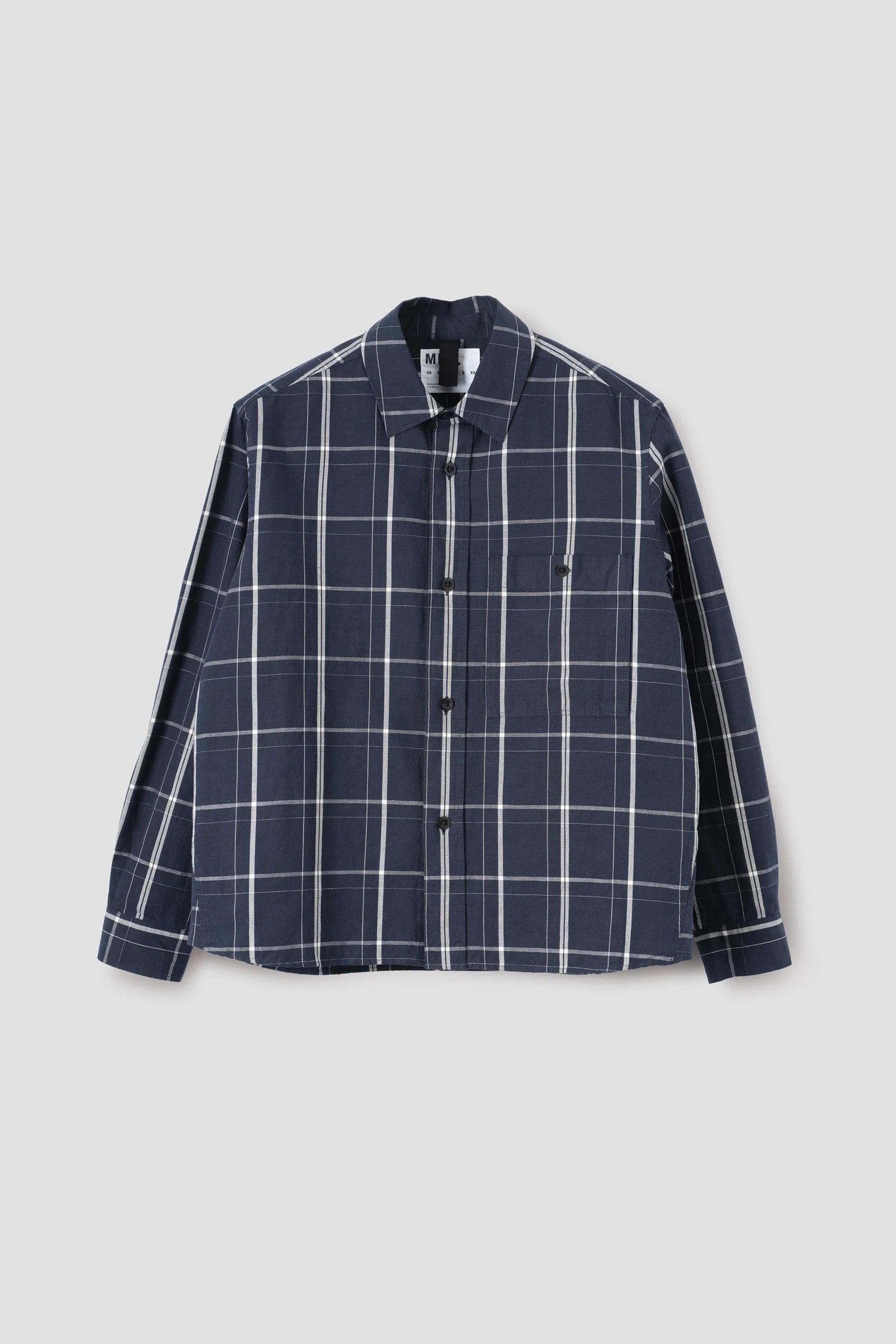 2023 美品 MHL GRID CHECK COTTON プルオーバーシャツ SPORTIVO [Overall shirt graphic grid check cotton slate blue/ off