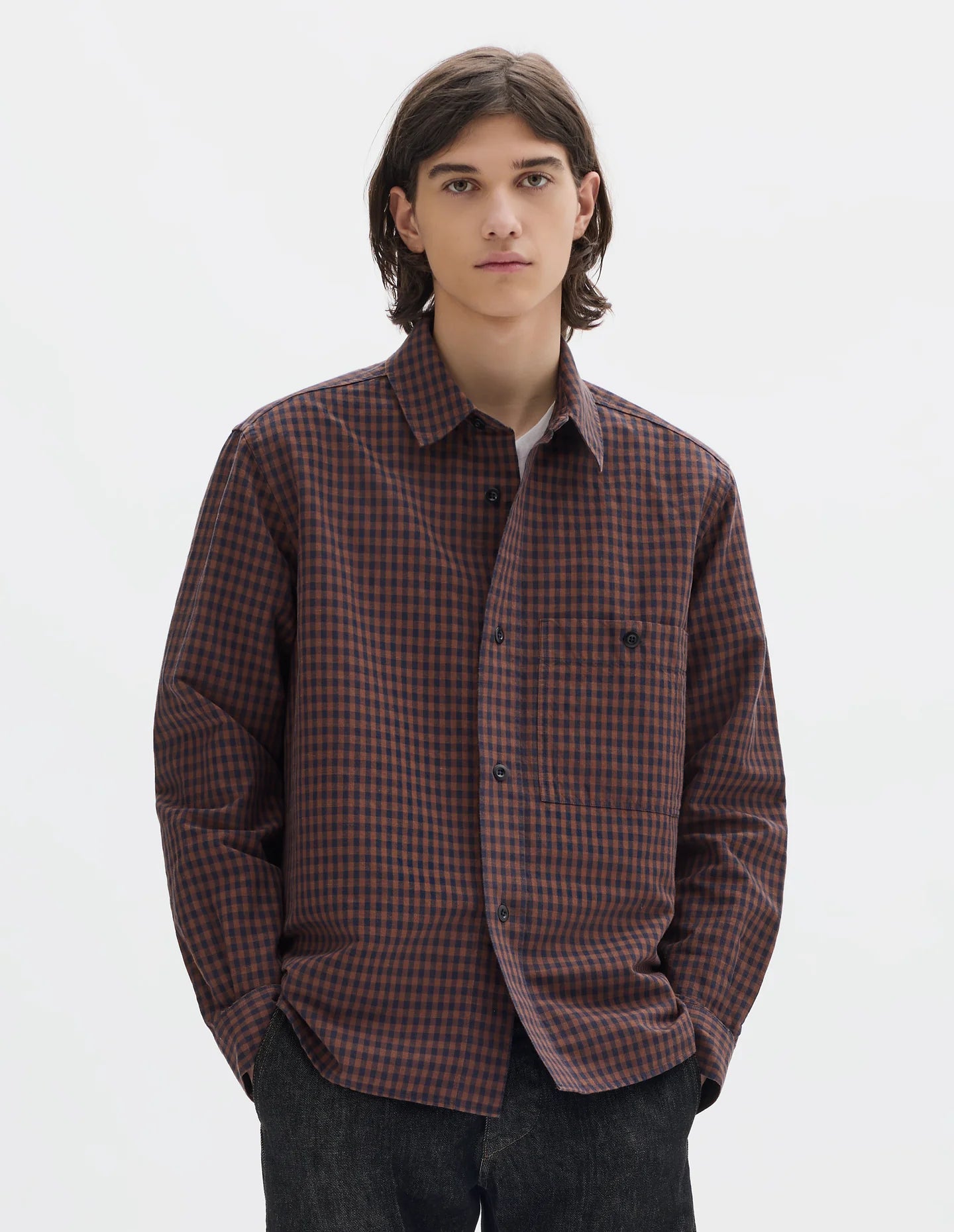 Overall Shirt Irregular Cotton Linen Gingham Chestnut/ Ink