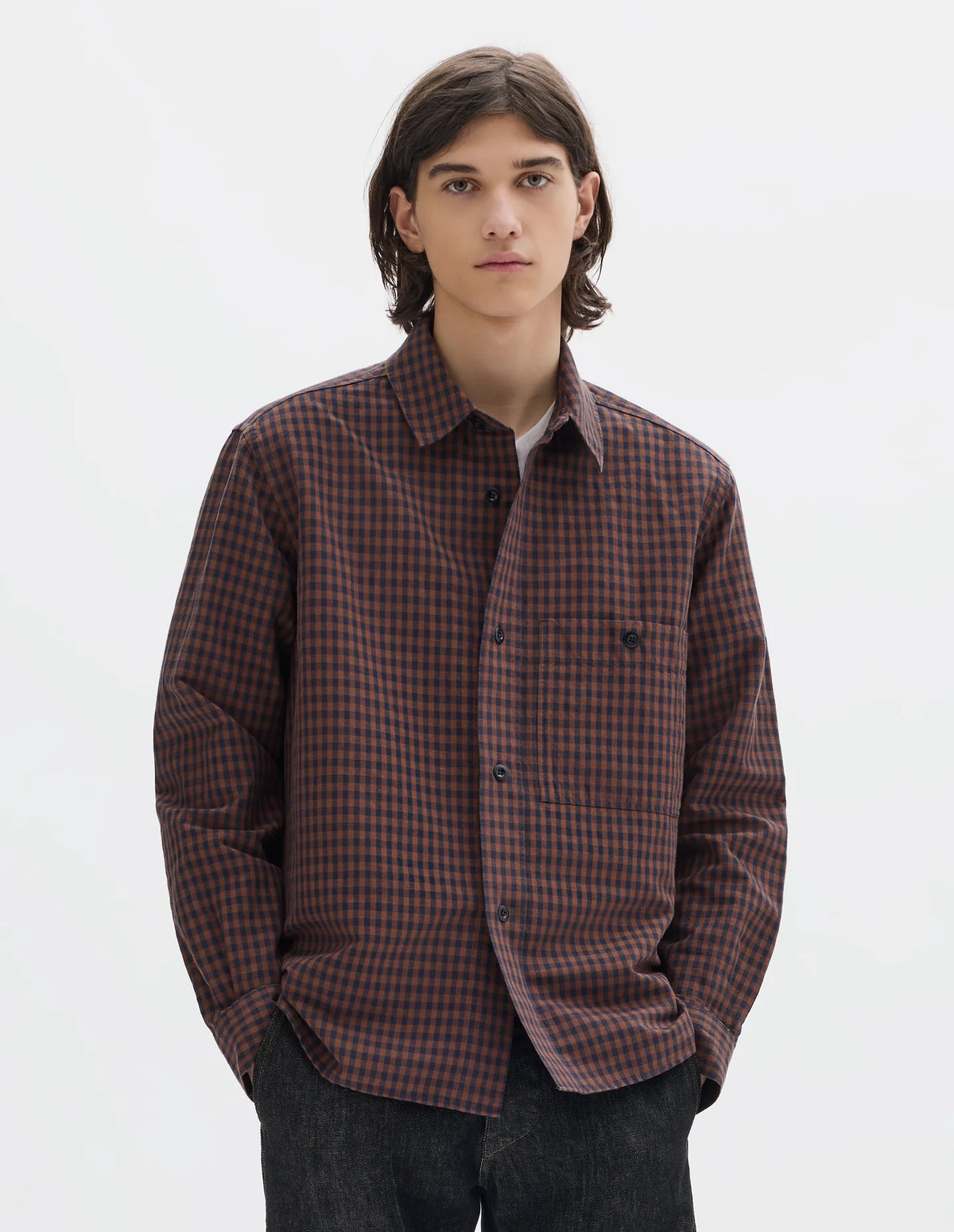Overall Shirt Irregular Cotton Linen Gingham Chestnut/ Ink_1