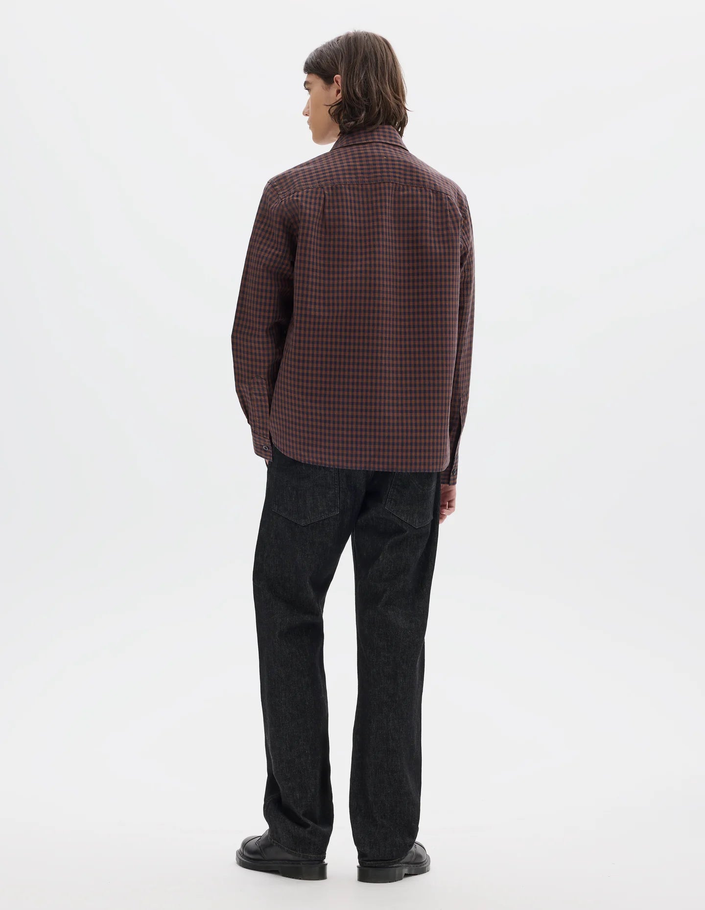 Overall Shirt Irregular Cotton Linen Gingham Chestnut/ Ink