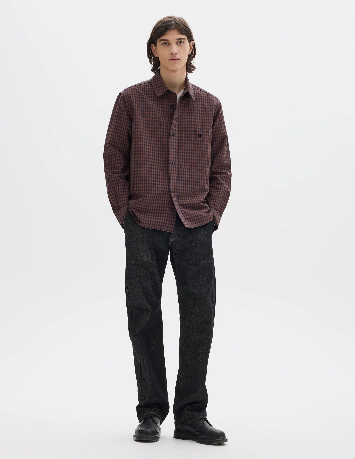 Overall Shirt Irregular Cotton Linen Gingham Chestnut/ Ink
