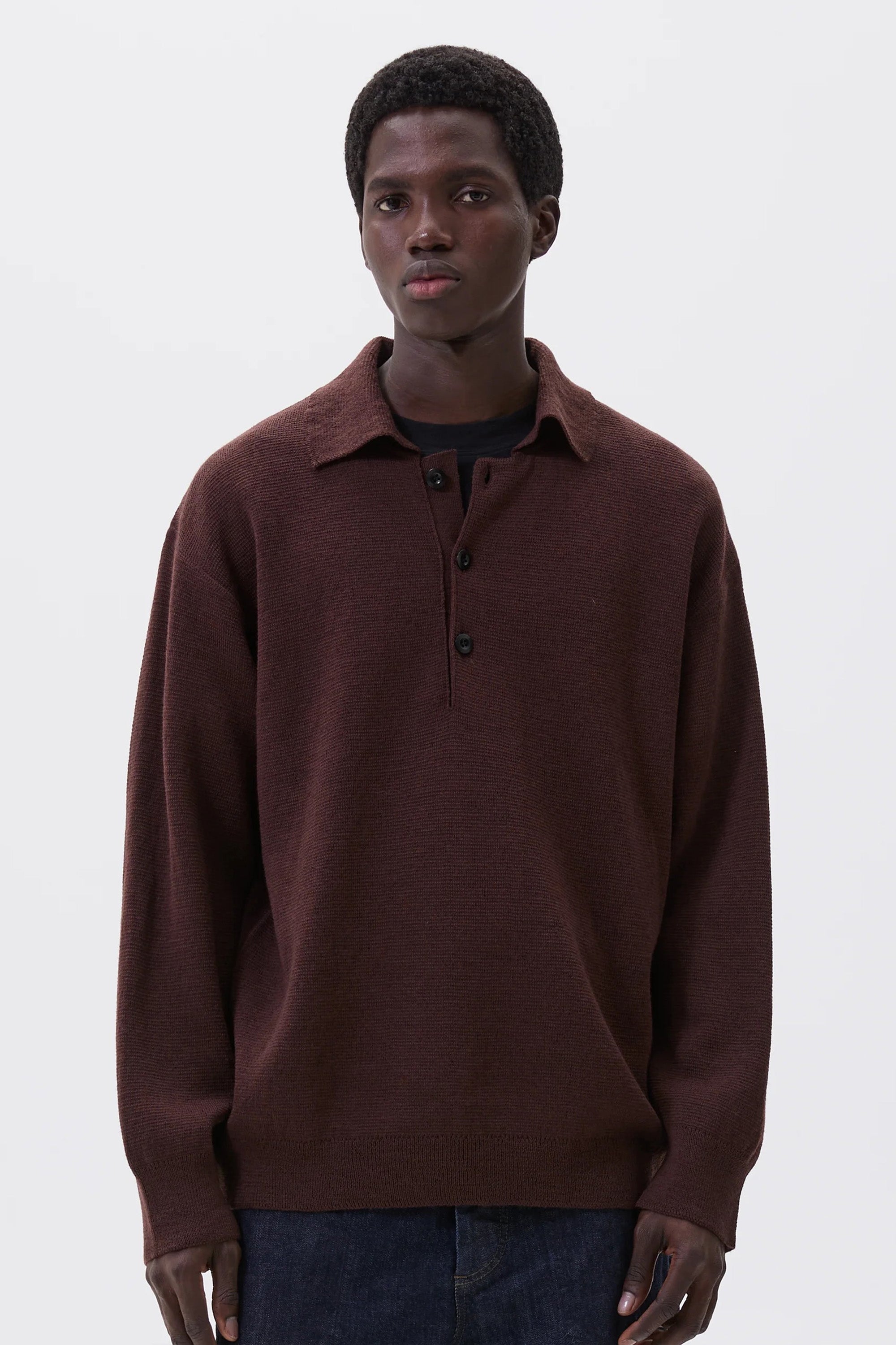 Oversized Knitted Polo Dry Wool Dark Brown