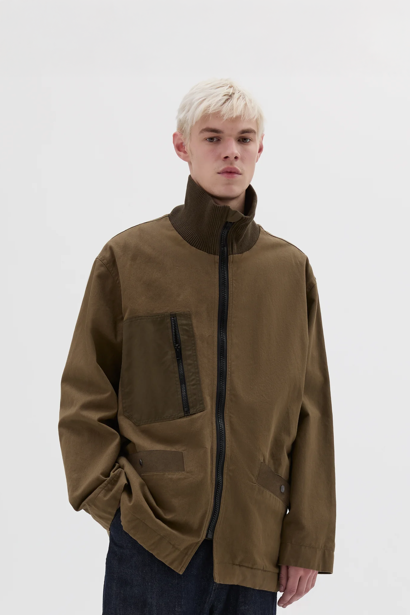 Rib Knit Jacket Soft Cotton Drill Khaki Green