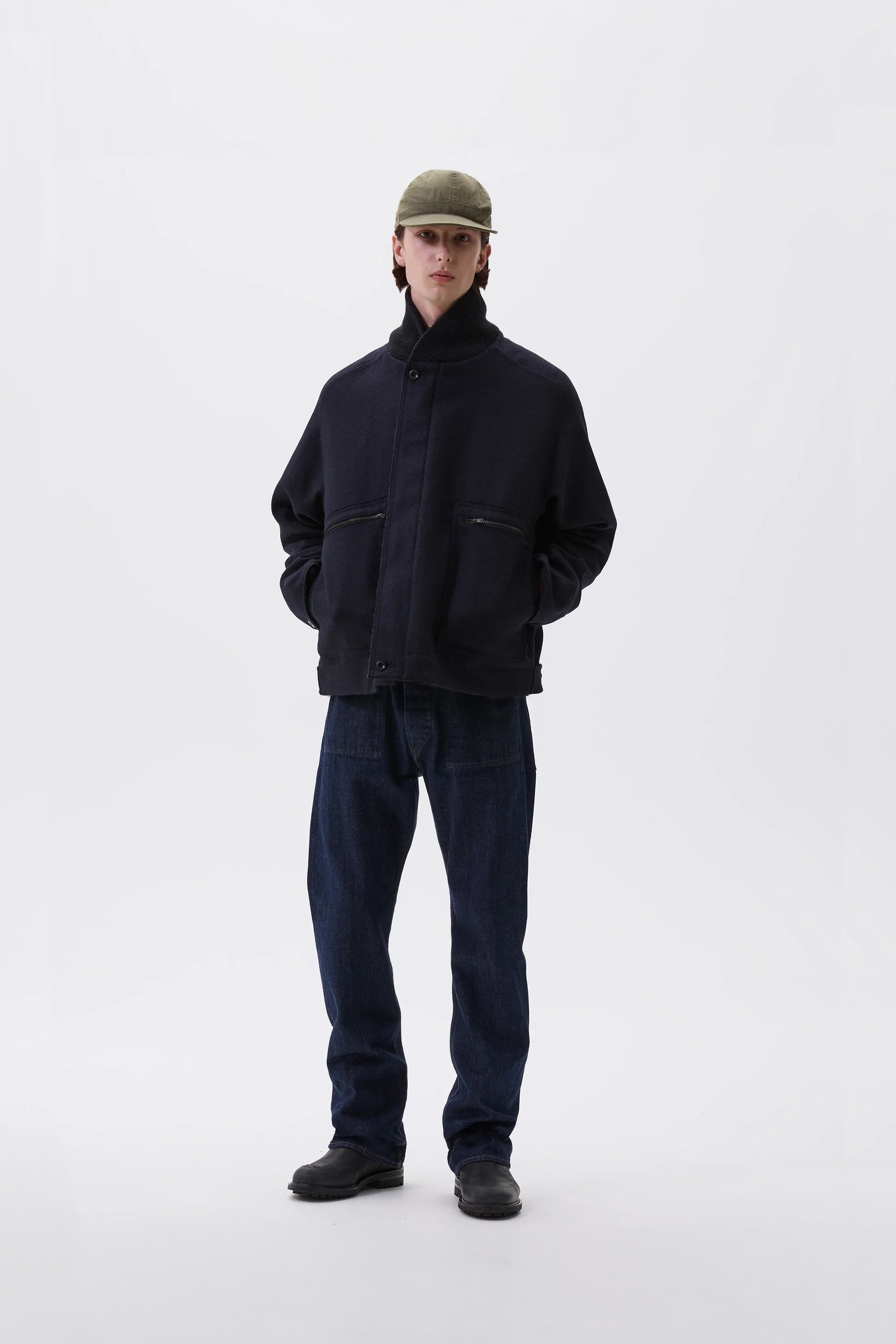 Rib Neck Jacket Coarse Melton Wool Ink