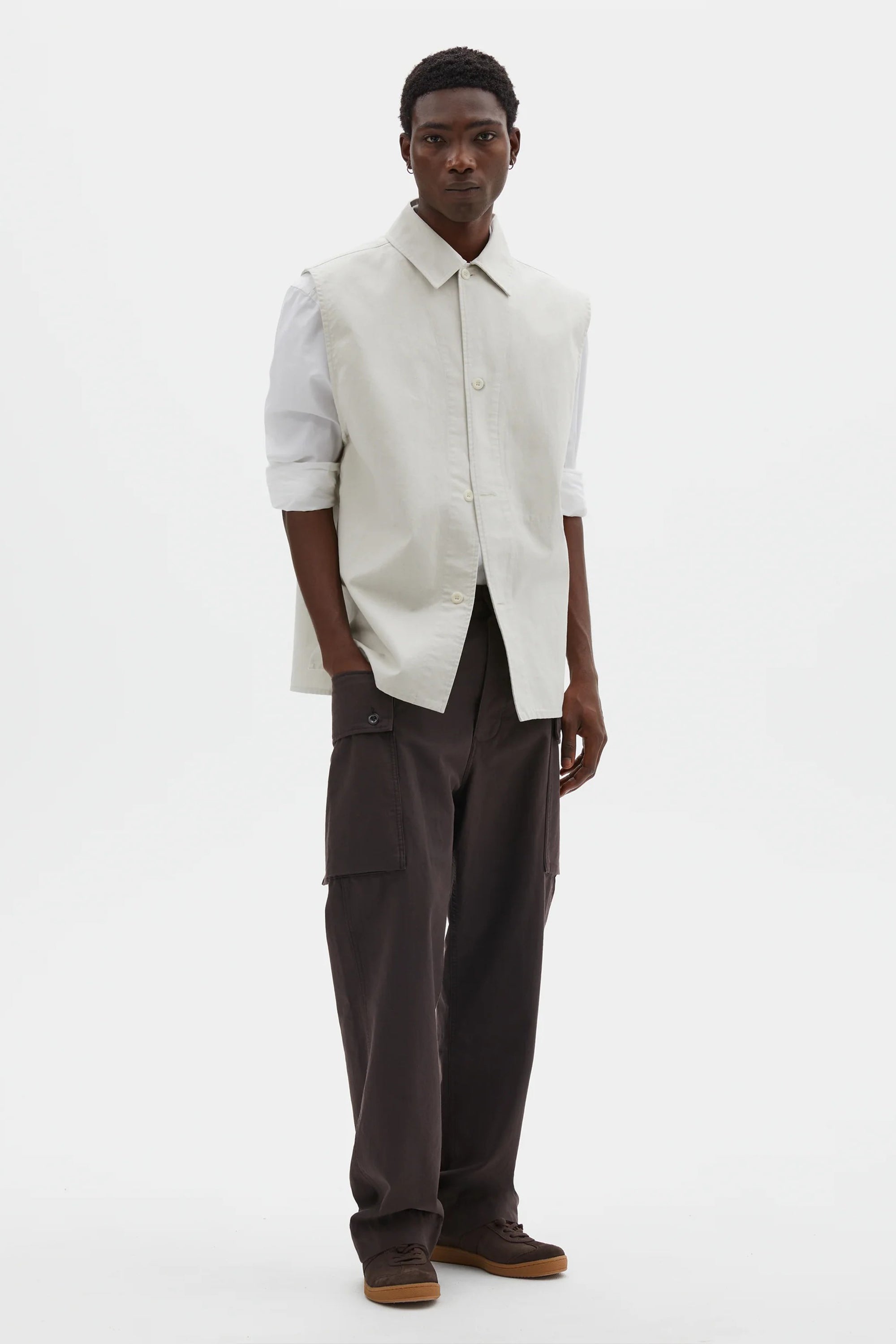 Sleeveless Overshirt Irregular Cotton Drill Chalk