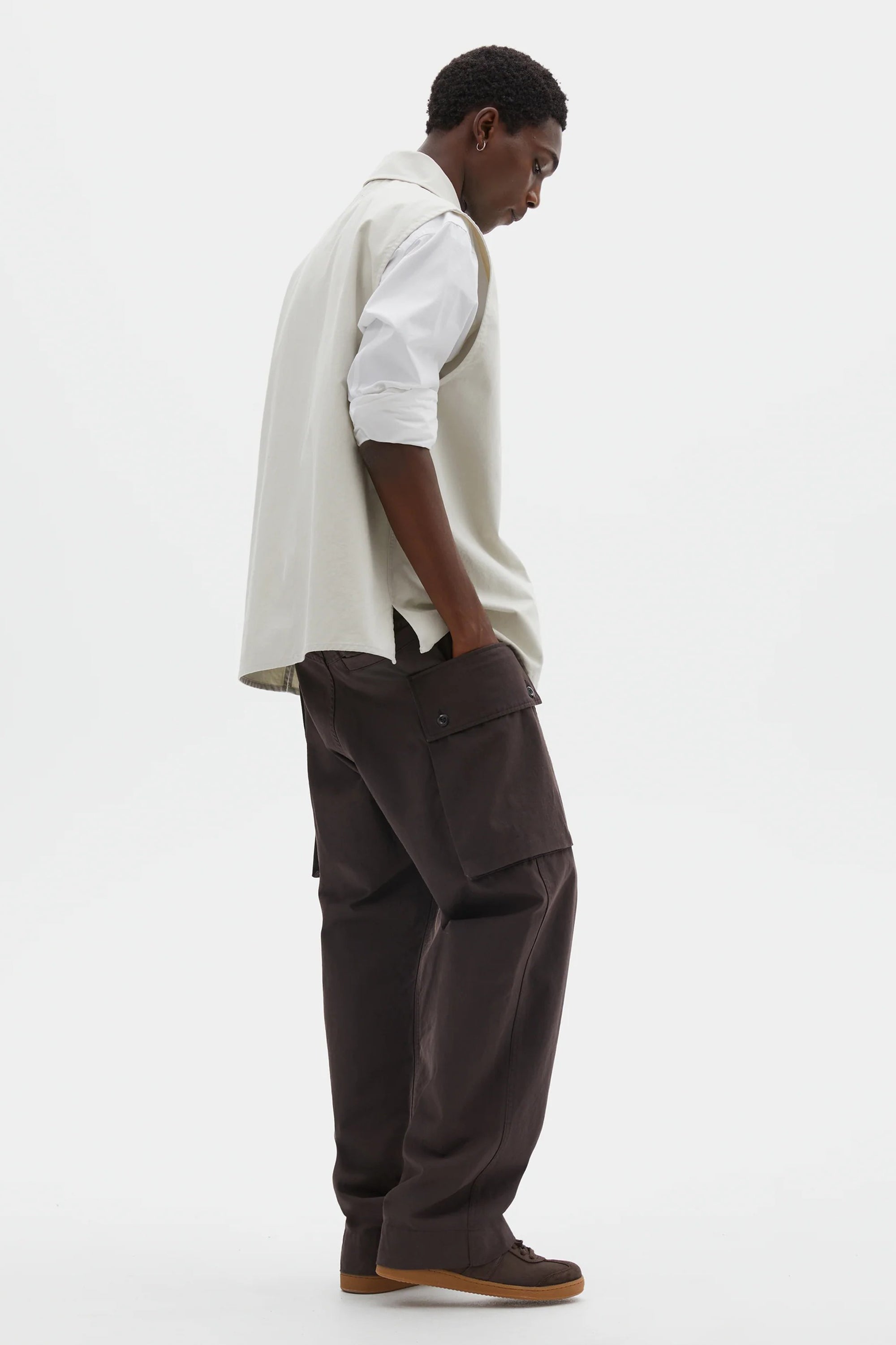 Sleeveless Overshirt Irregular Cotton Drill Chalk