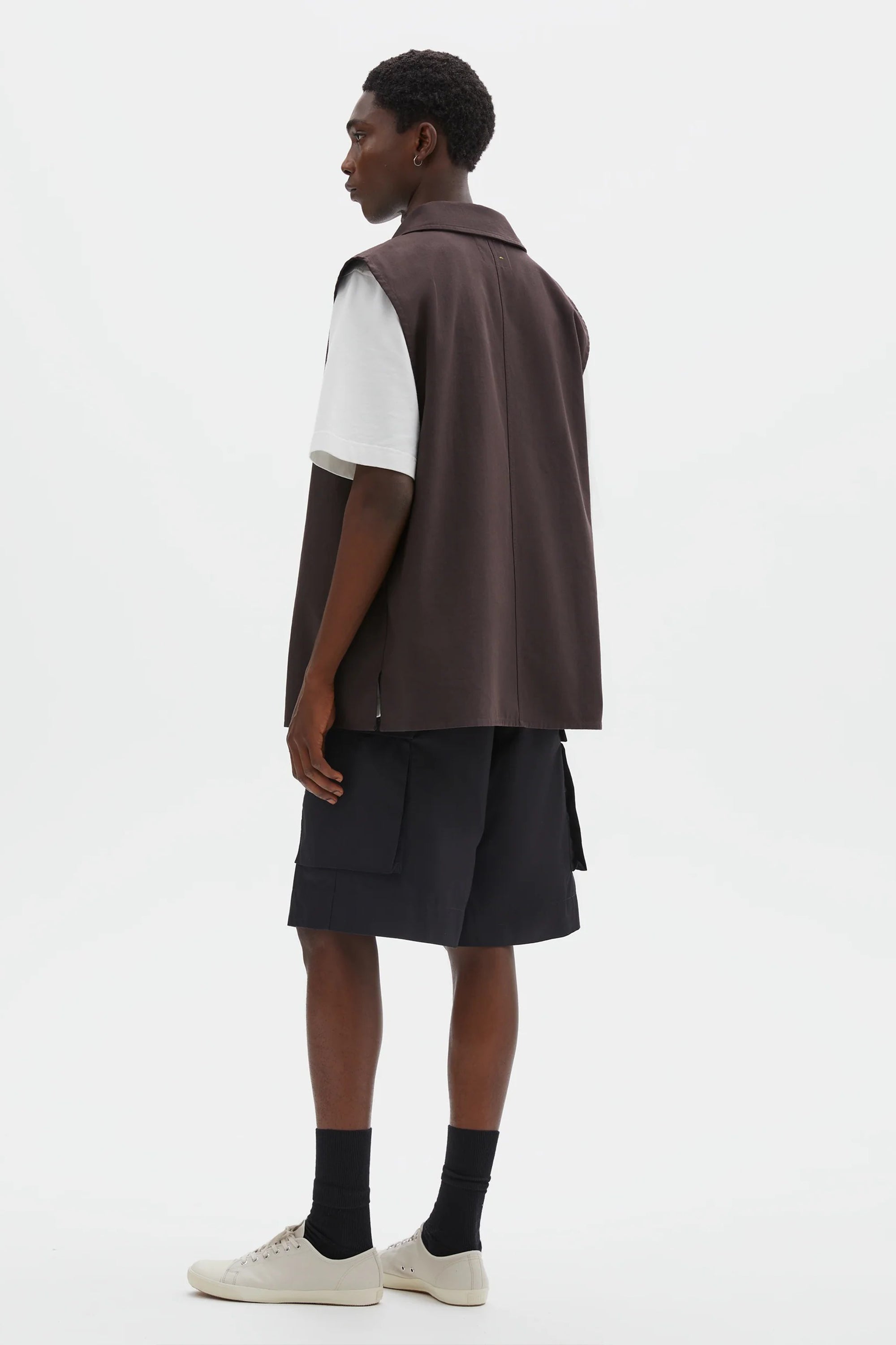 Sleeveless Overshirt Irregular Cotton Drill Mahogany