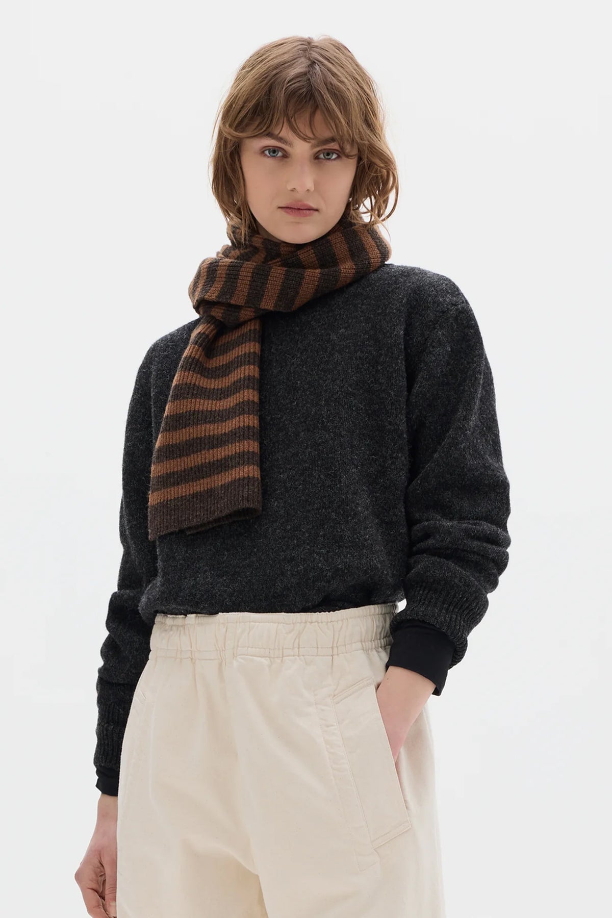 Textured Stripe Scarf Lambswool Cocoa/ Conker_2