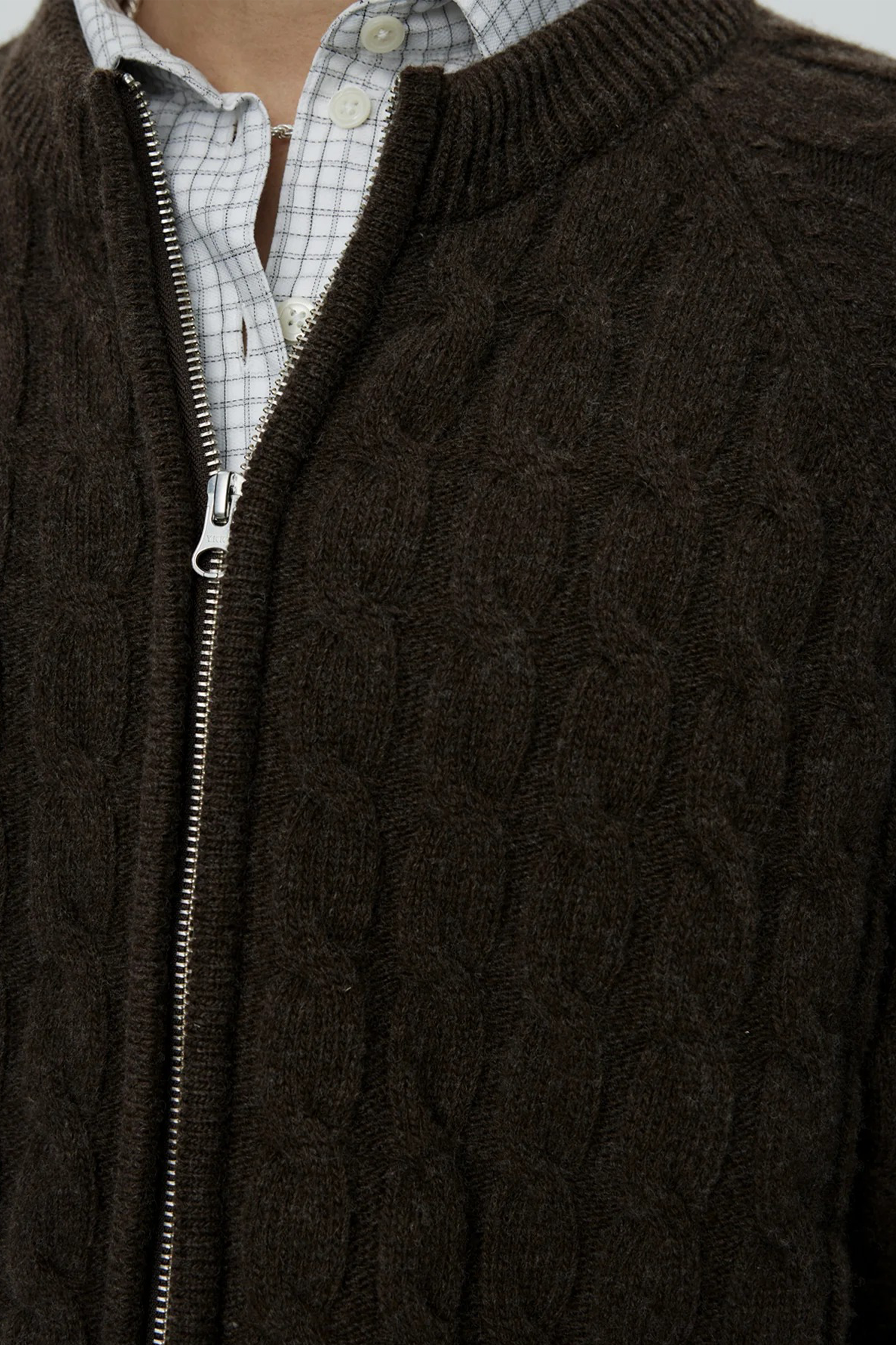 Editor Zip Sweater Brown Cable Knit