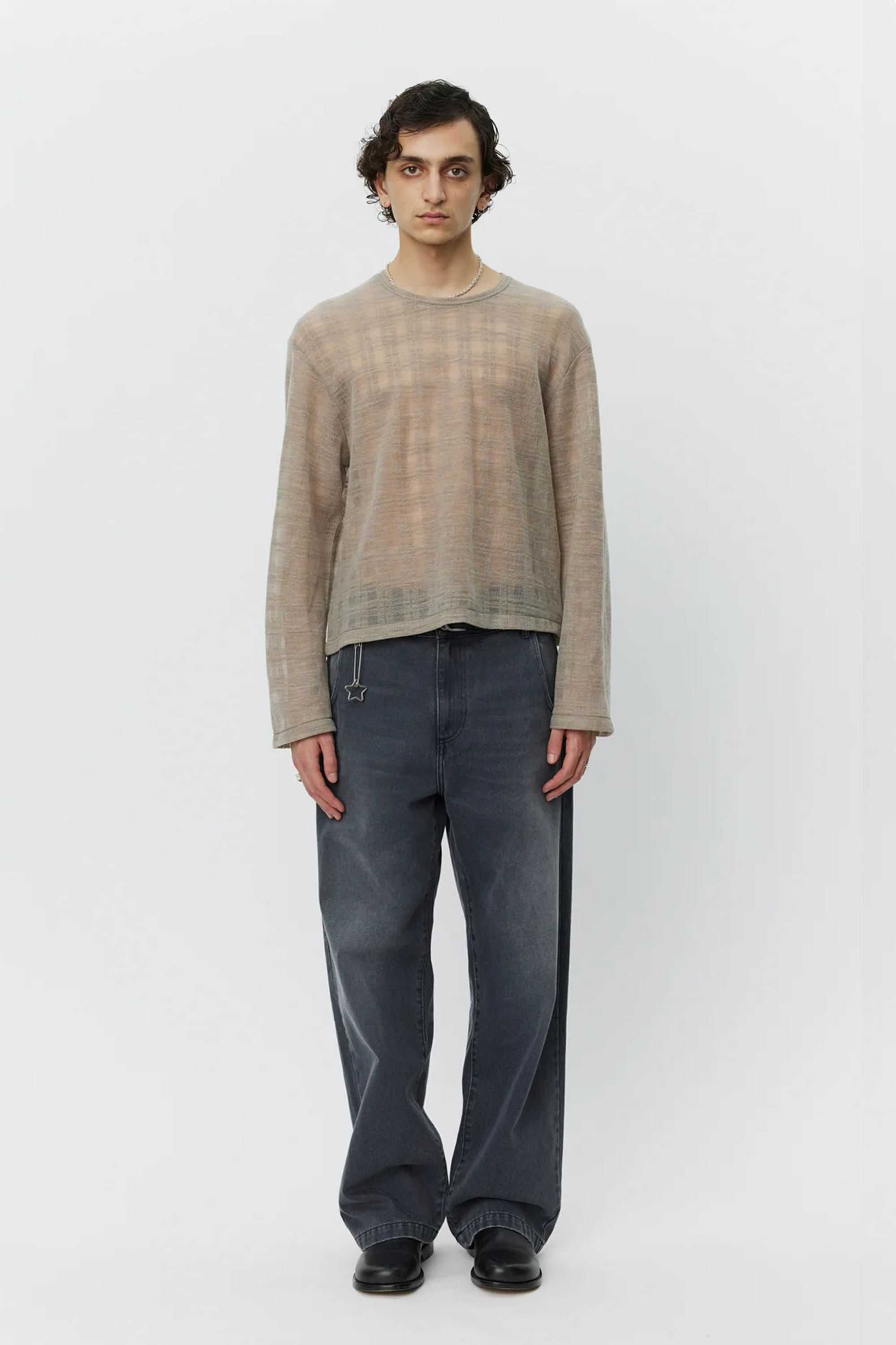 Round Neck Sweater Beige Gauze Check_1