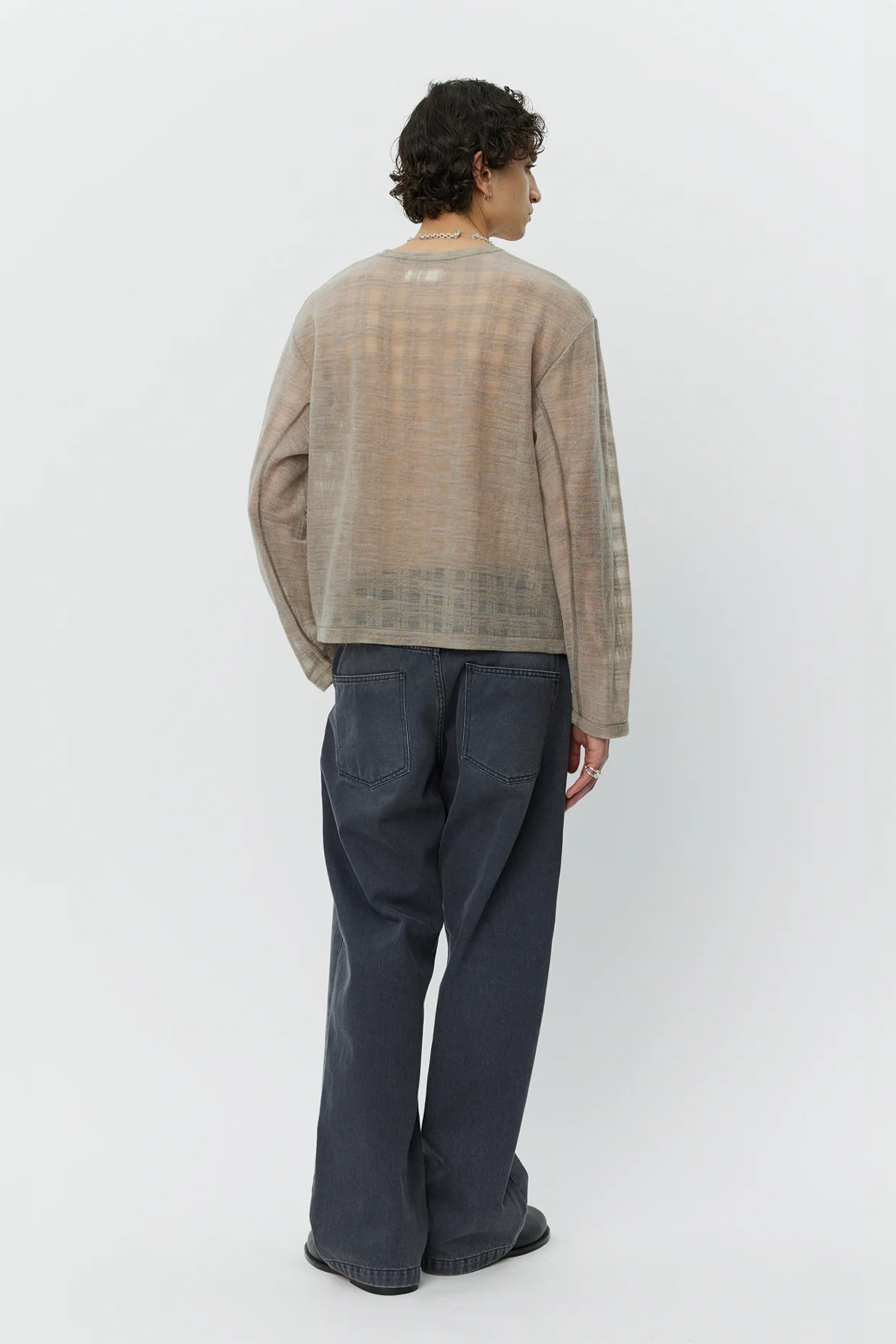 Round Neck Sweater Beige Gauze Check