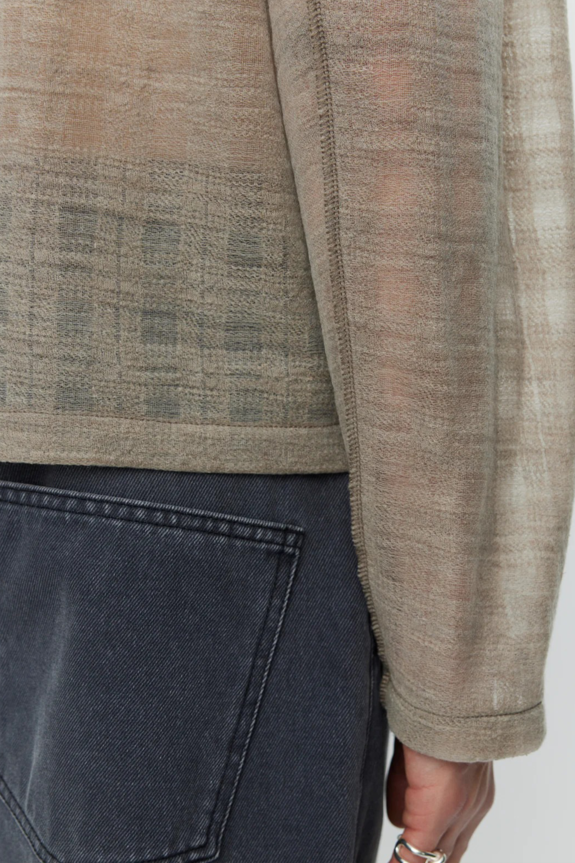 Round Neck Sweater Beige Gauze Check_4