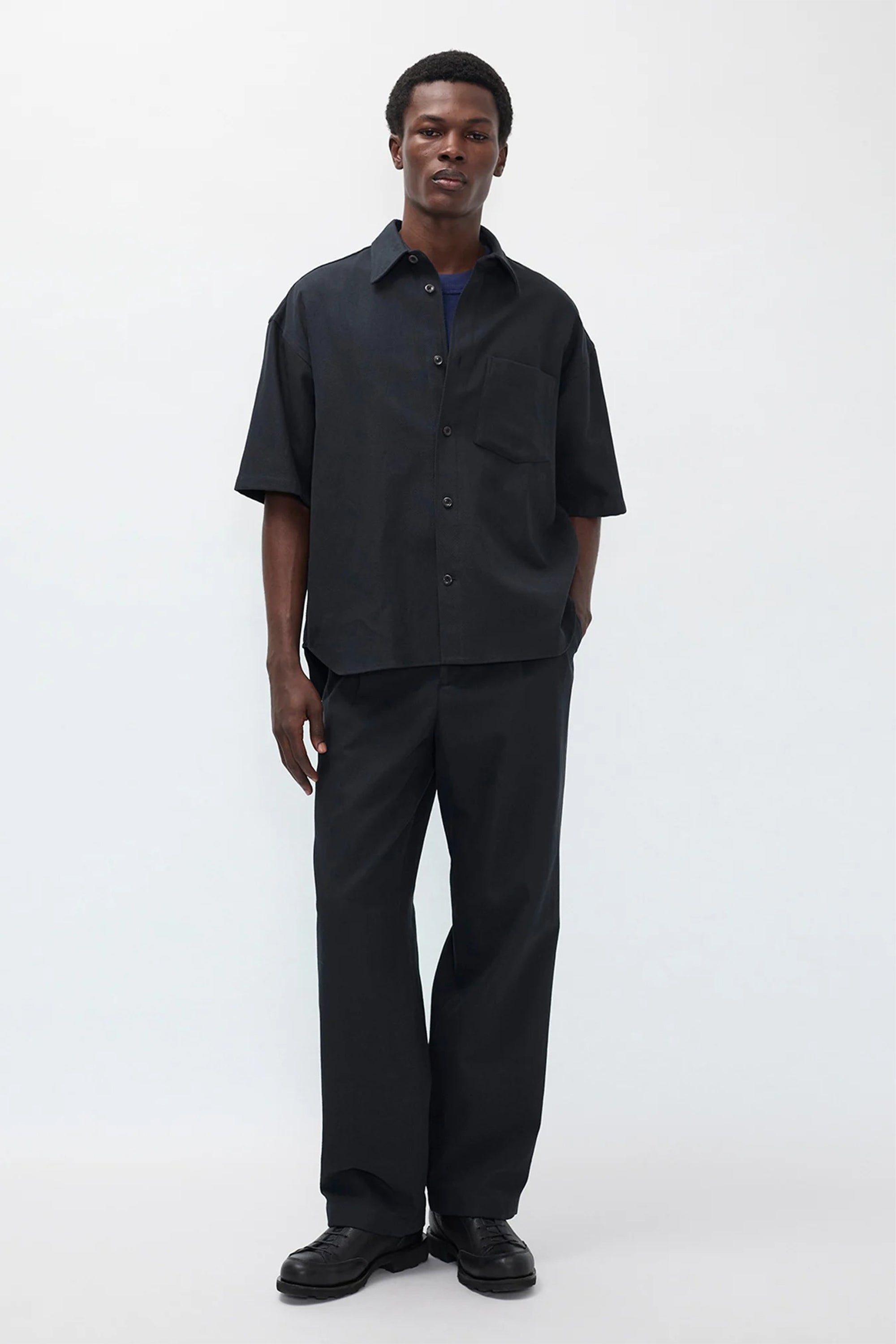 Hestur Relaxed Cotton Linen Twill Pleated Trouser Dark Navy