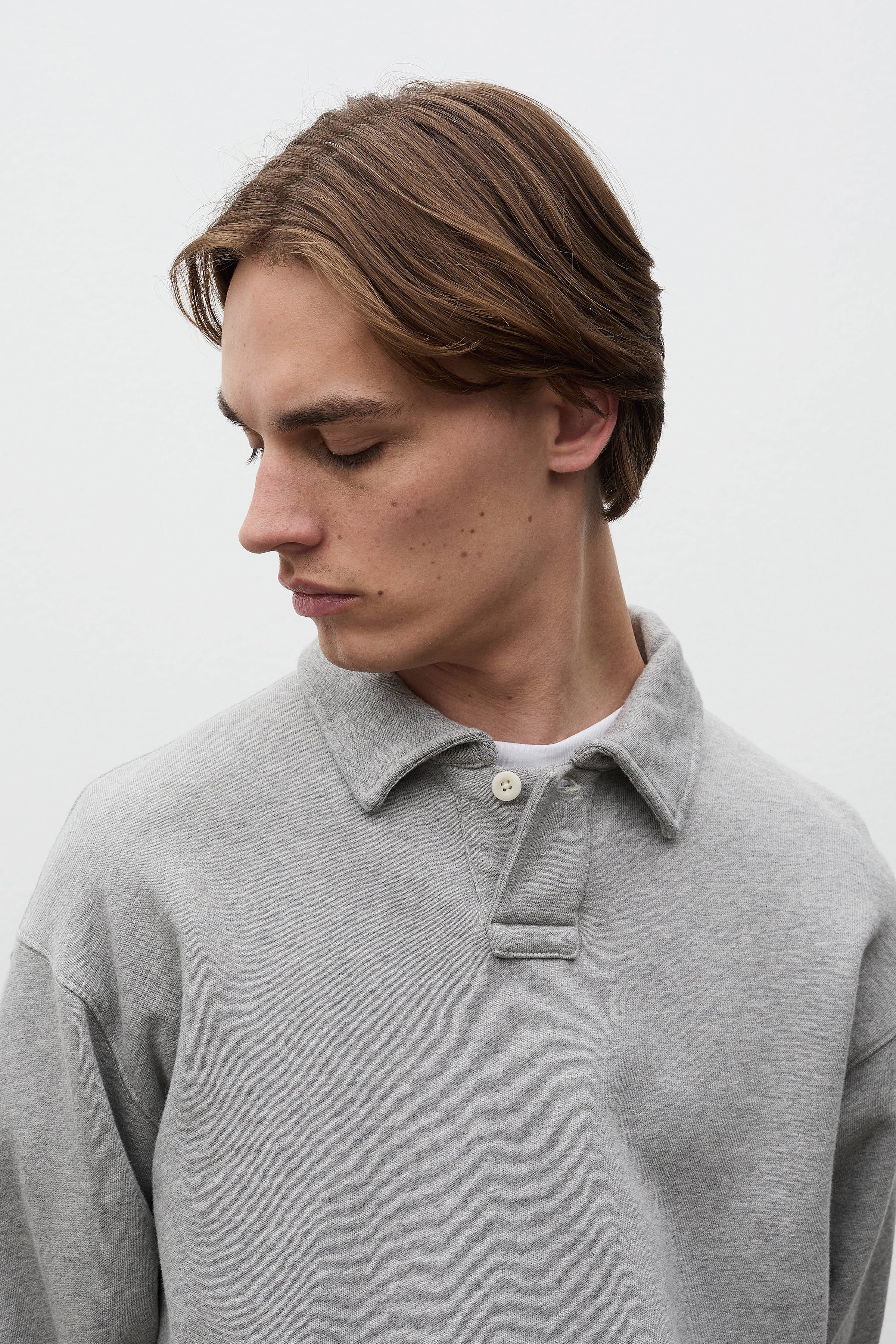 Hjartdal Brushed Diagonal Cotton Fleece Polo Grey Melange_4