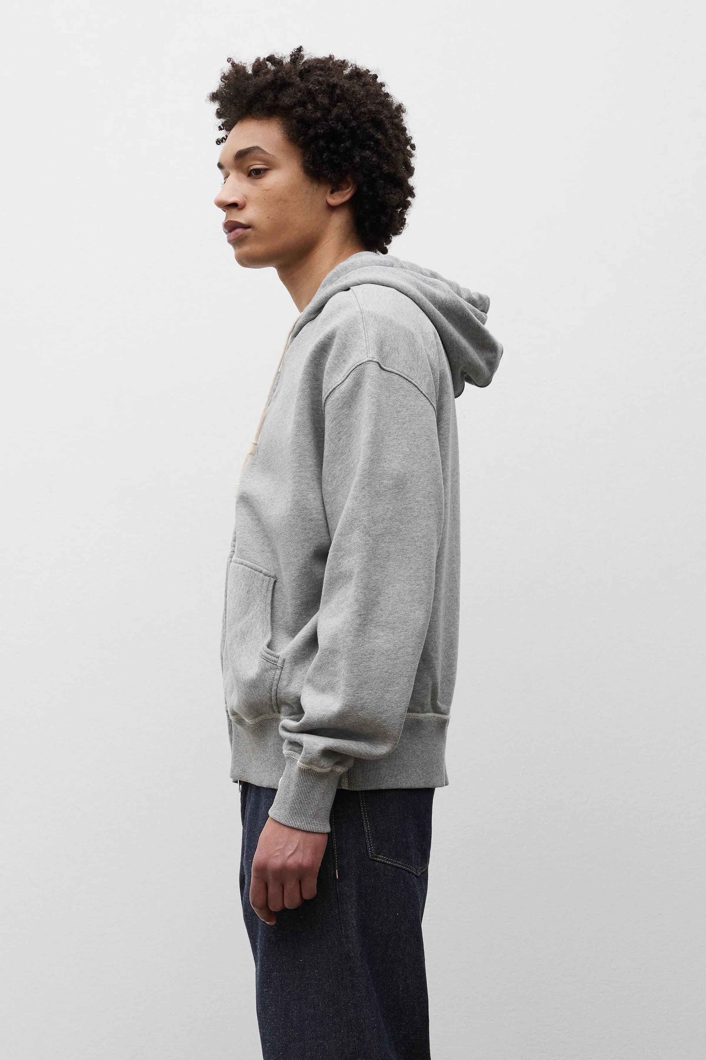 Keldur Brushed Diagonal Cotton Fleece Zip Hoodie Grey Melange_2