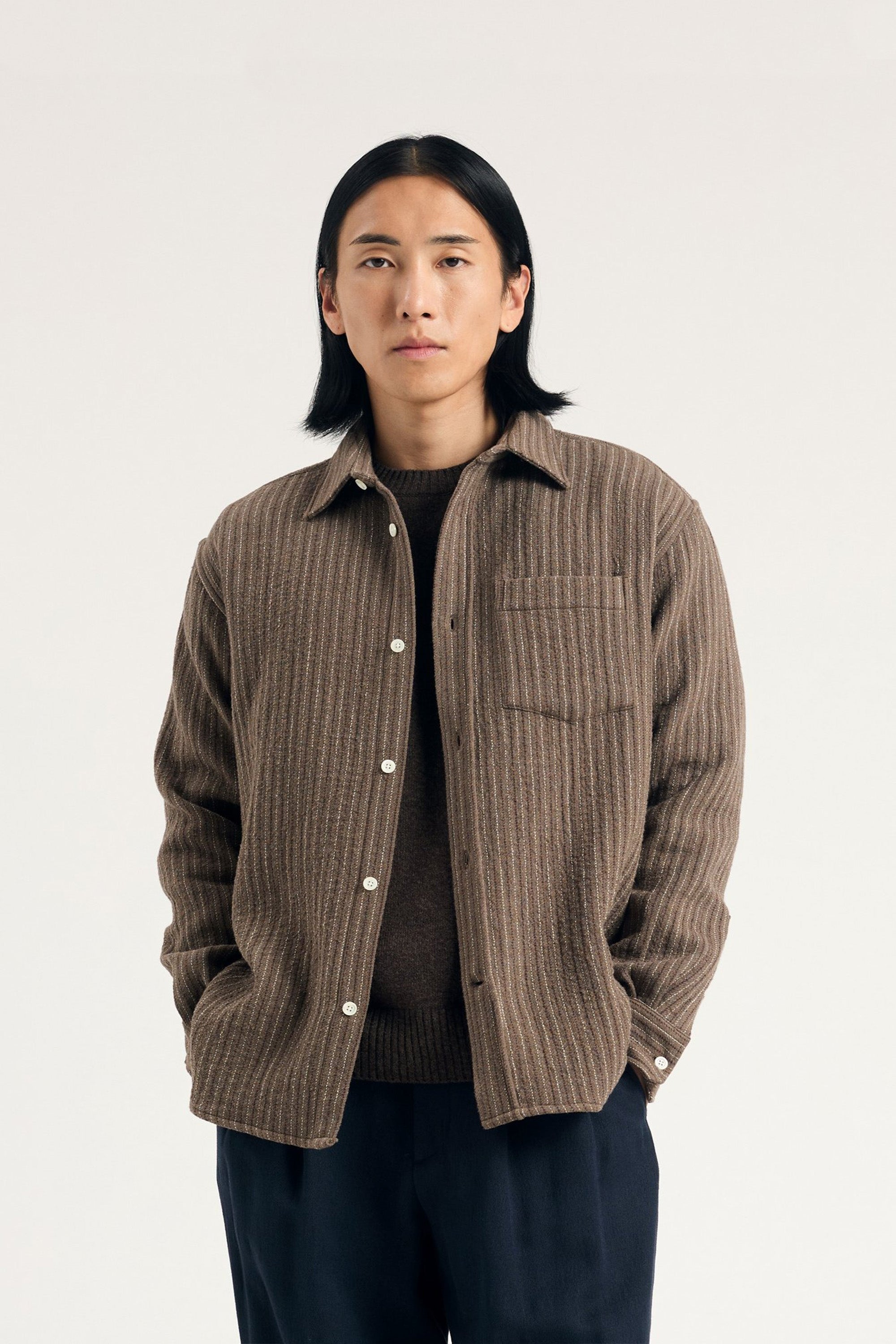 Ole Oversized Wool Stripe Shirt Seal Brown_1